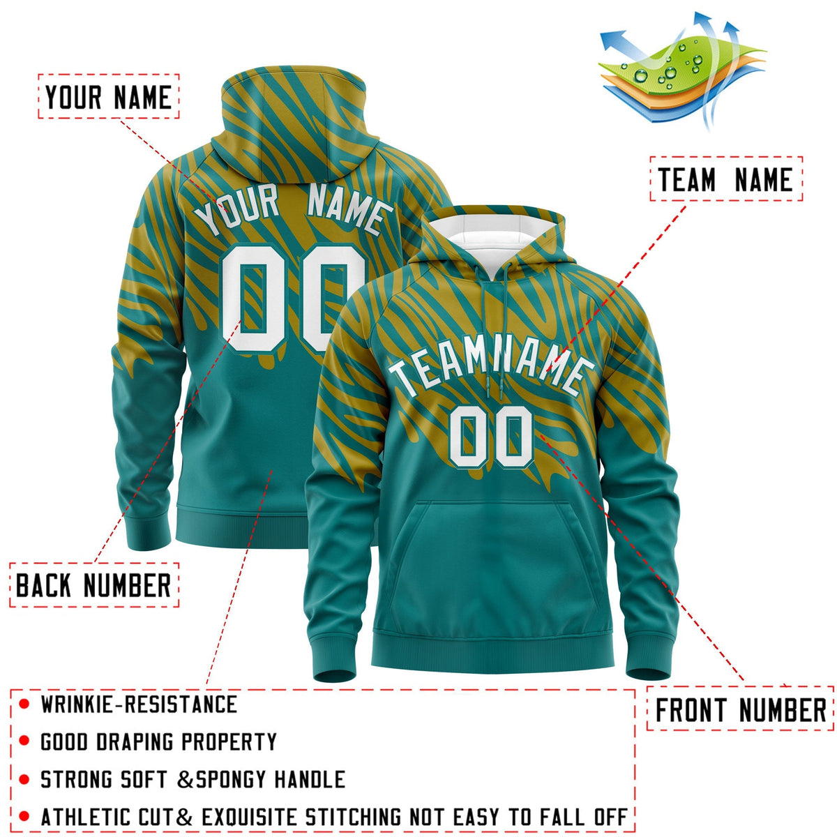 Custom Teal Old Gold Leopard Print Pullover Sweatshirt Hoodie| KXKSHOP