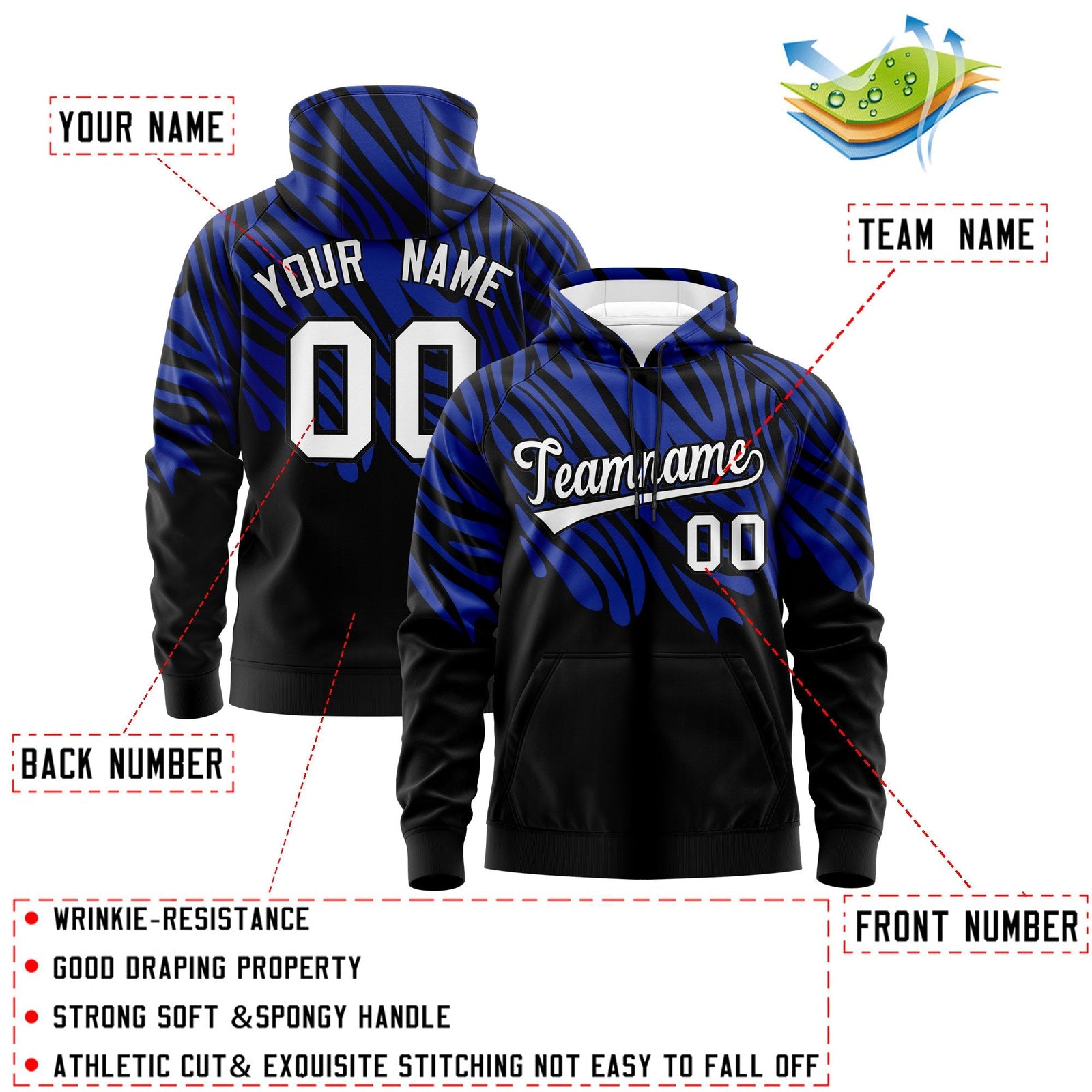 Custom Royal Blue Black Leopard Print Pullover Sweatshirt Hoodie| KXKSHOP