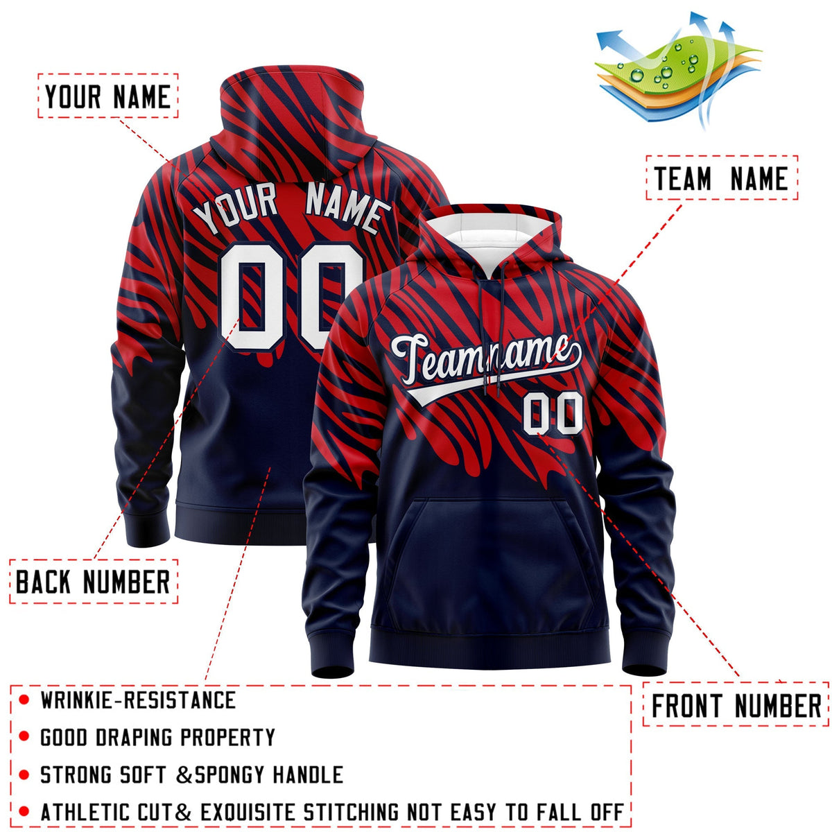 Custom Red Navy Leopard Print Pullover Sweatshirt Hoodie| KXKSHOP