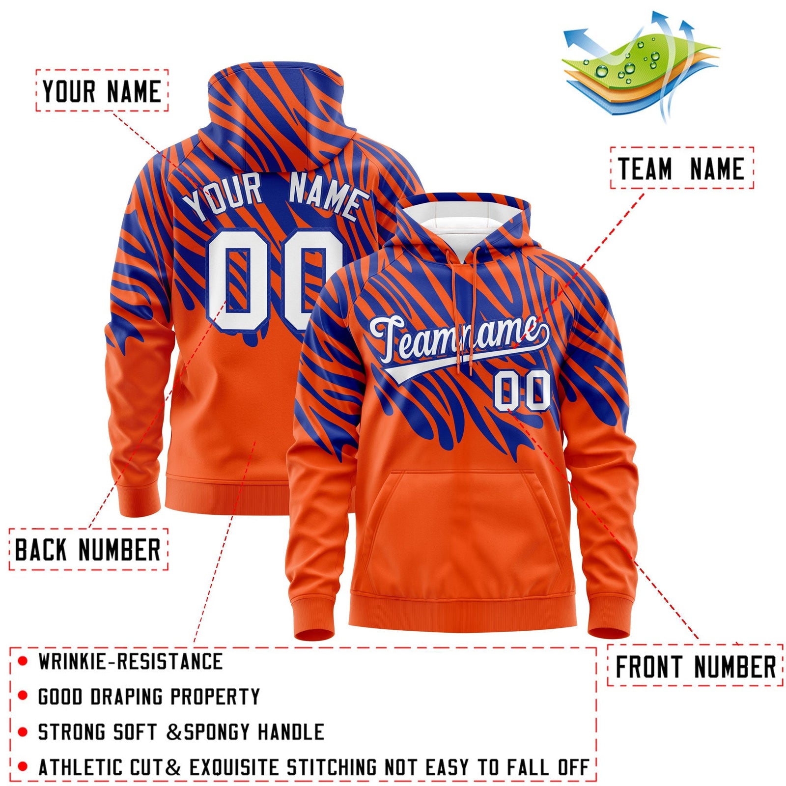 Custom Royal Blue Orange Leopard Print Pullover Sweatshirt Hoodie| KXKSHOP