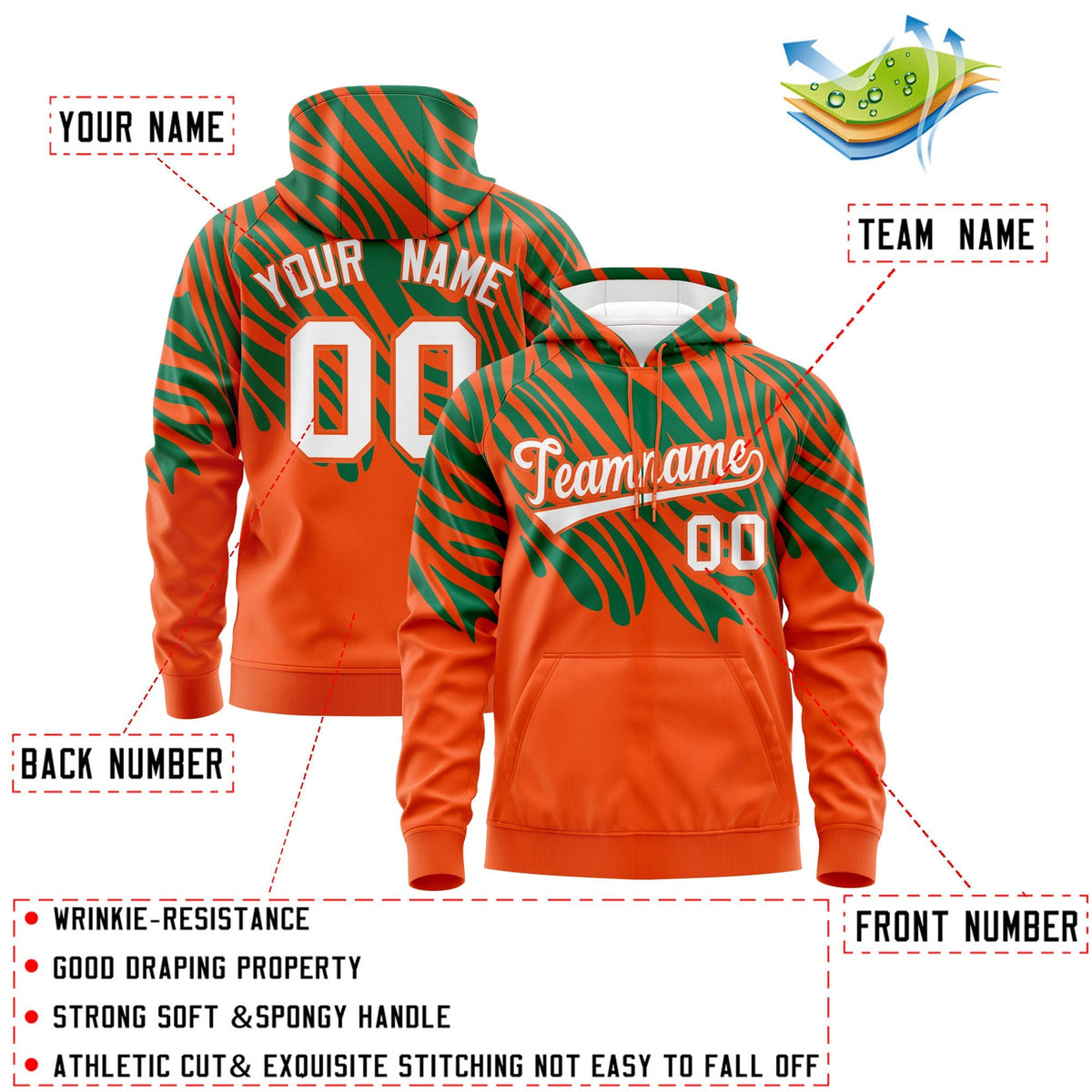 Custom Orange Kelly Green White Leopard Print Pullover Sweatshirt Hoodie| KXKSHOP