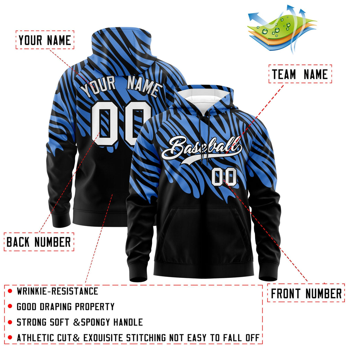 Custom Powder Blue Black Leopard Print Pullover Sweatshirt Hoodie| KXKSHOP
