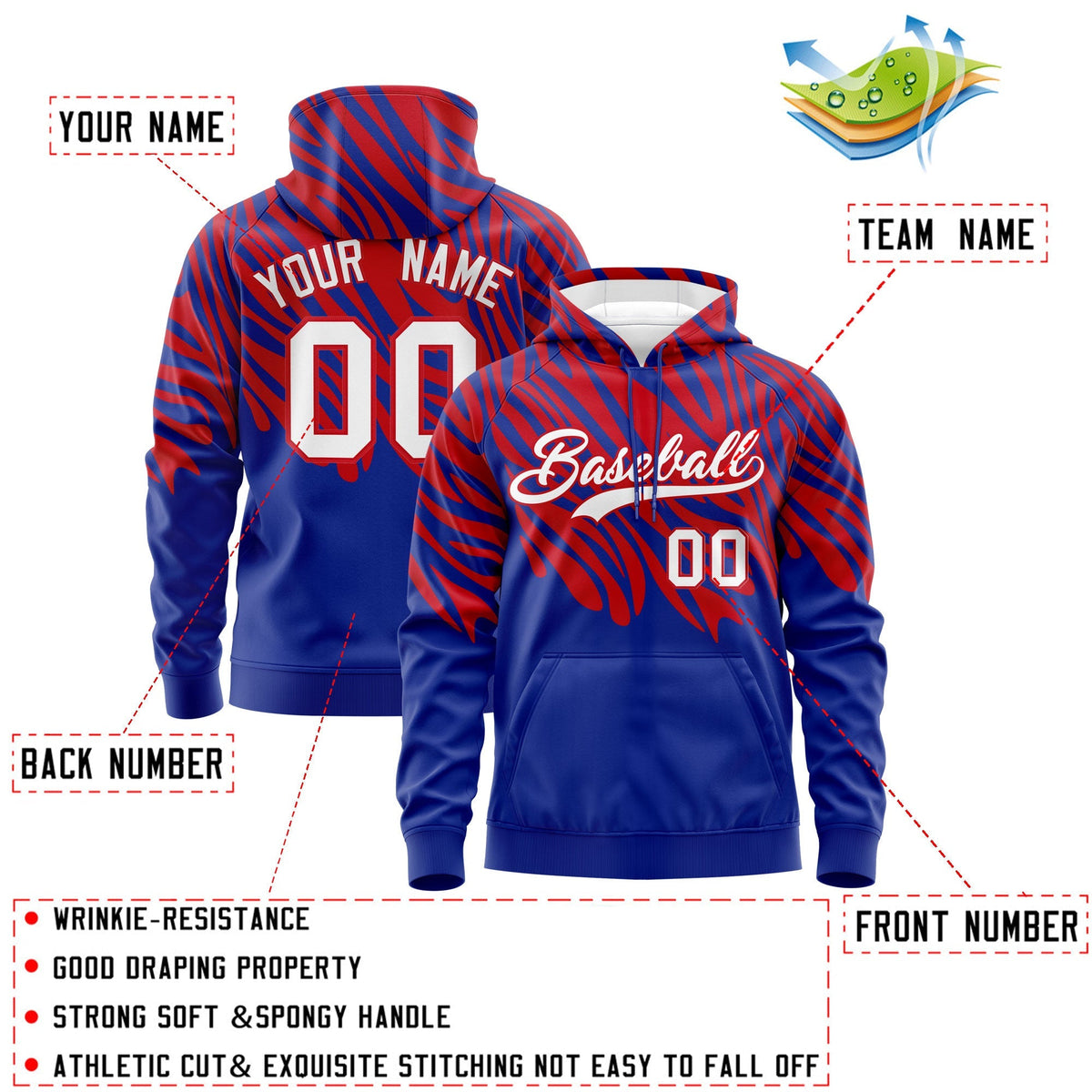 Custom Royal Blue Red Leopard Print Pullover Sweatshirt Hoodie| KXKSHOP