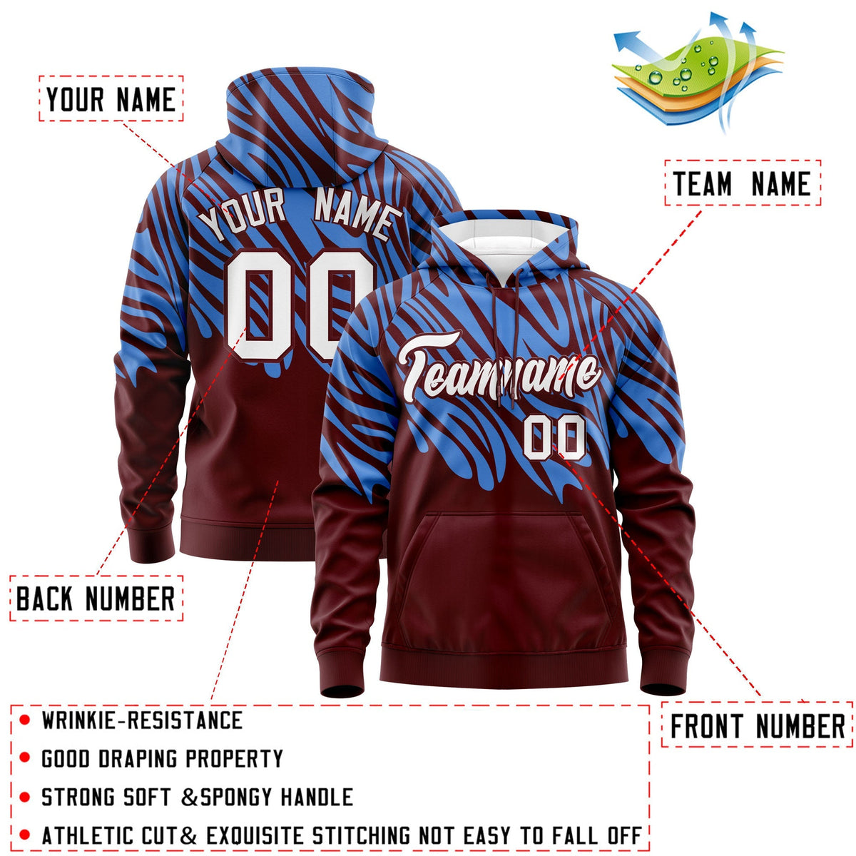 Custom Powder Blue Crimson Leopard Print Pullover Sweatshirt Hoodie| KXKSHOP