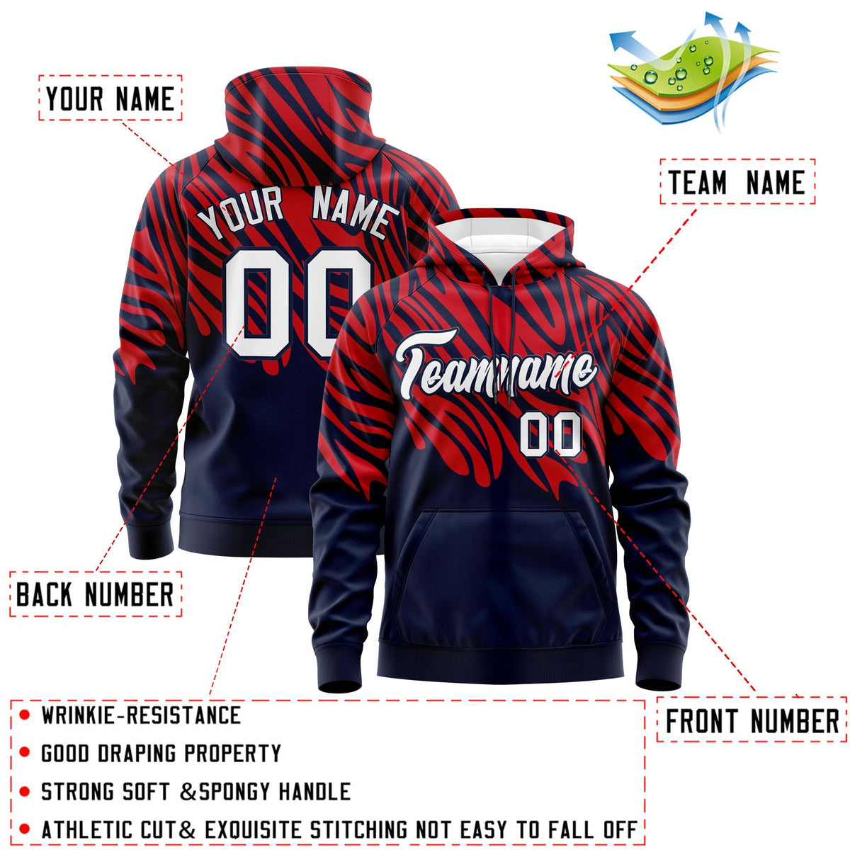 Custom Red Navy Leopard Print Pullover Sweatshirt Hoodie| KXKSHOP