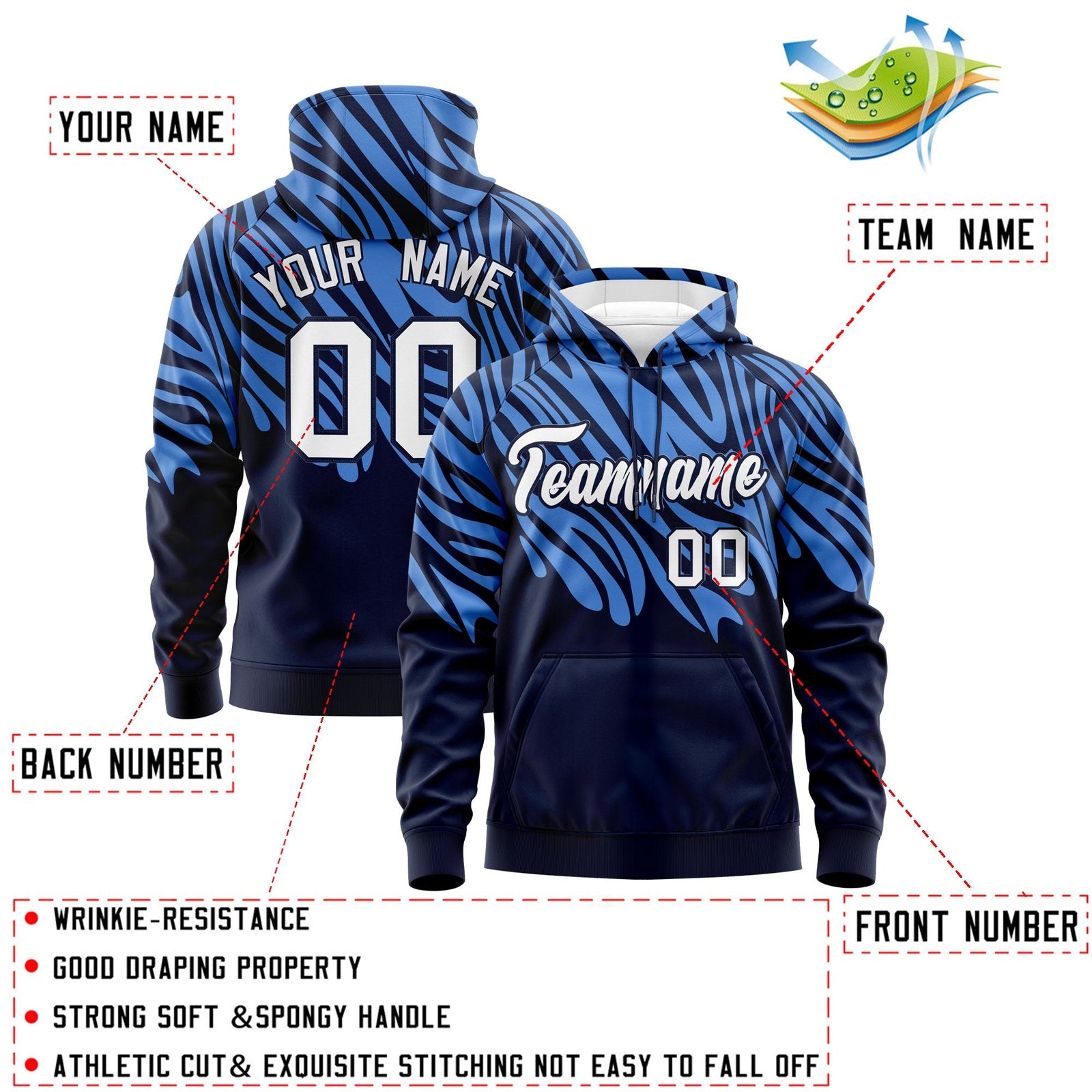 Custom Powder Blue Navy Leopard Print Pullover Sweatshirt Hoodie| KXKSHOP