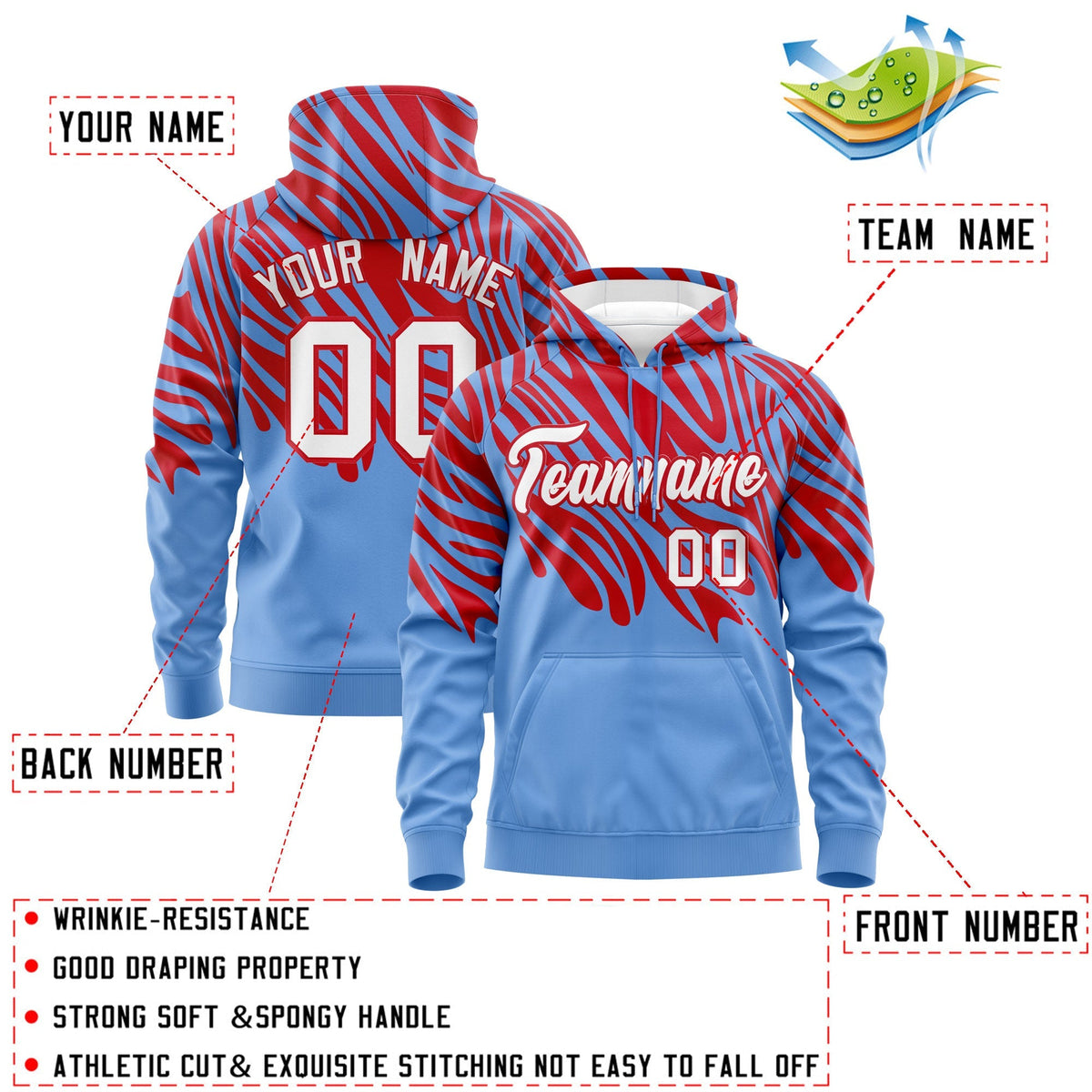 Custom Red Light Blue Leopard Print Pullover Sweatshirt Hoodie| KXKSHOP