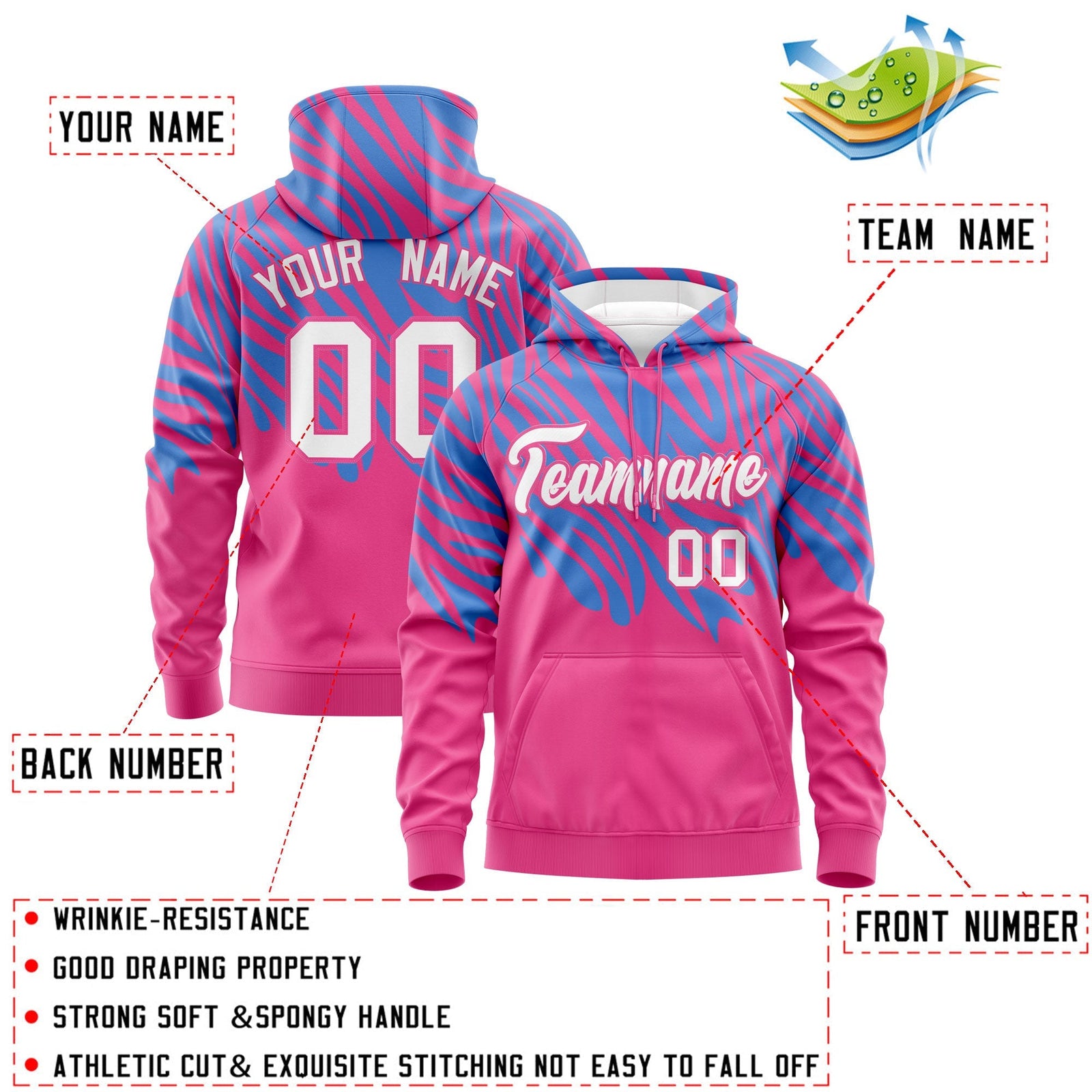 Custom Powder Blue Pink Leopard Print Pullover Sweatshirt Hoodie| KXKSHOP