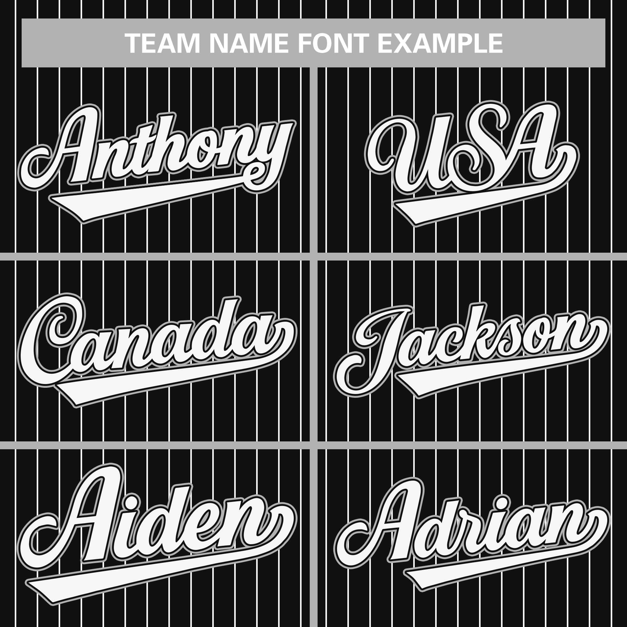black pinstripe baseball jerseys team name font