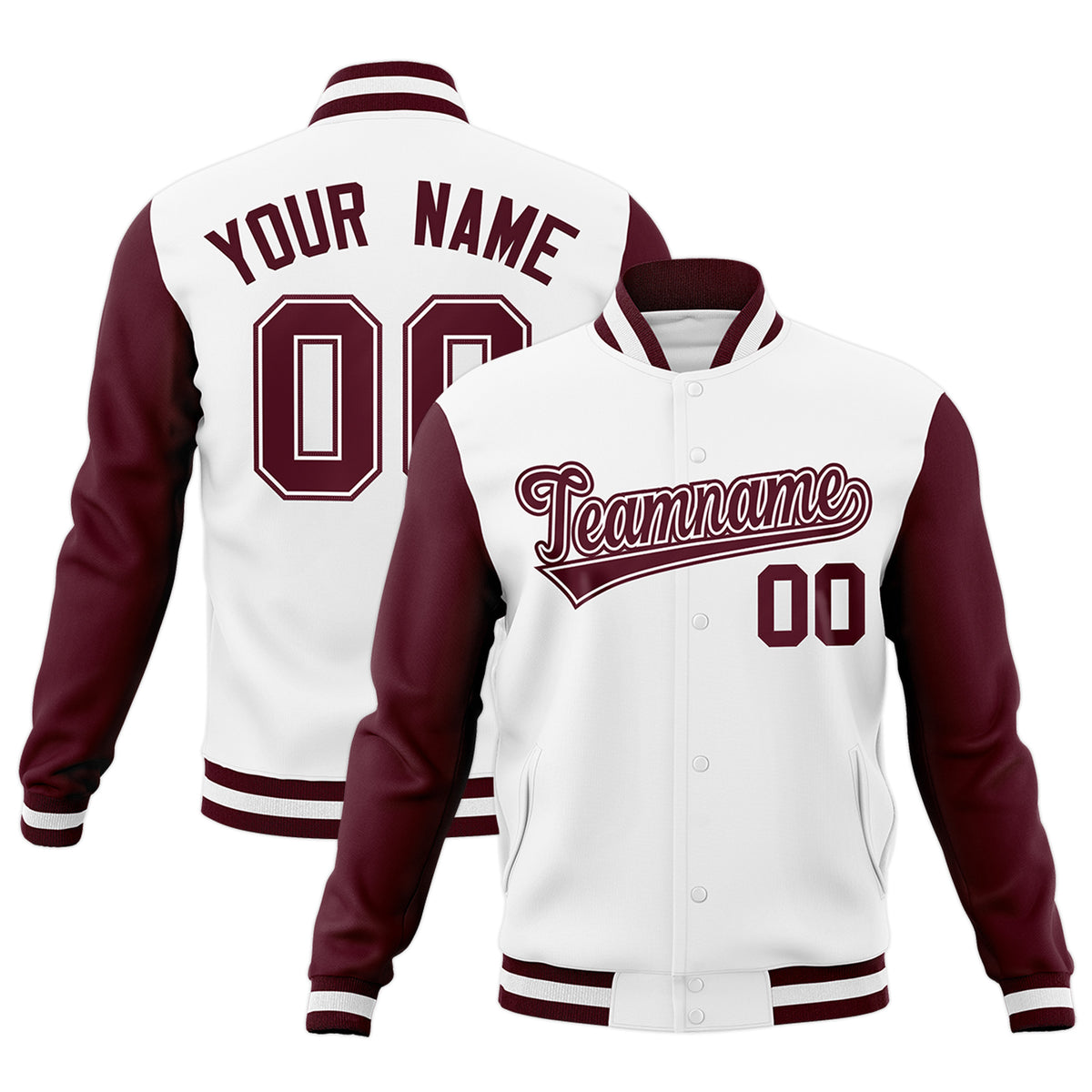 Custom White Crimson-White Raglan Sleeves Varsity Full-Snap Letterman Jacket