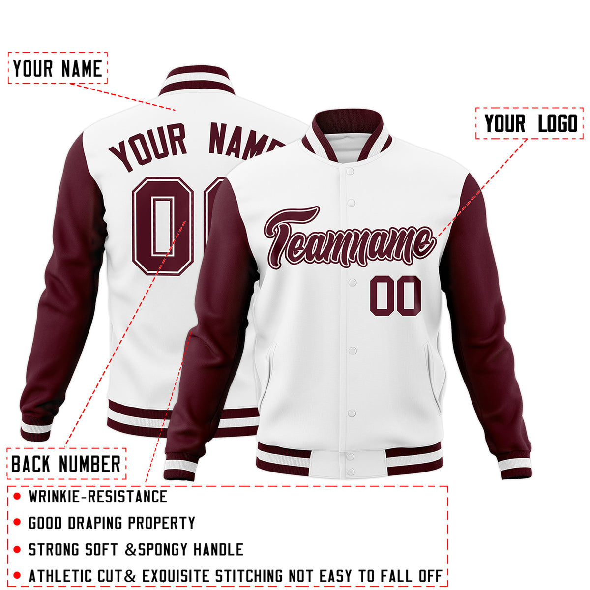 Custom White Crimson-White Raglan Sleeves Varsity Full-Snap Letterman Jacket