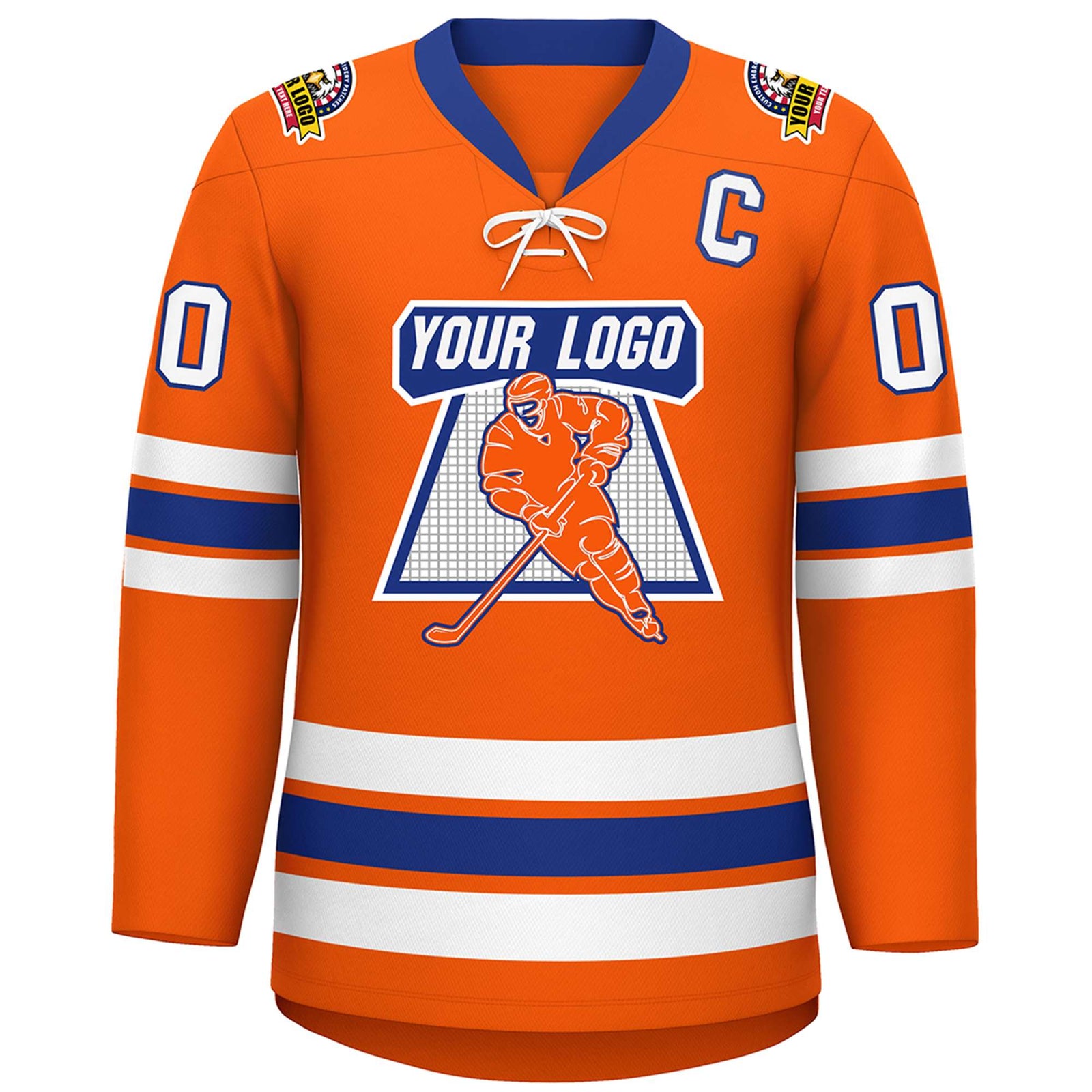 Custom Orange Royal-White Lace-Up Neck Hockey Jersey