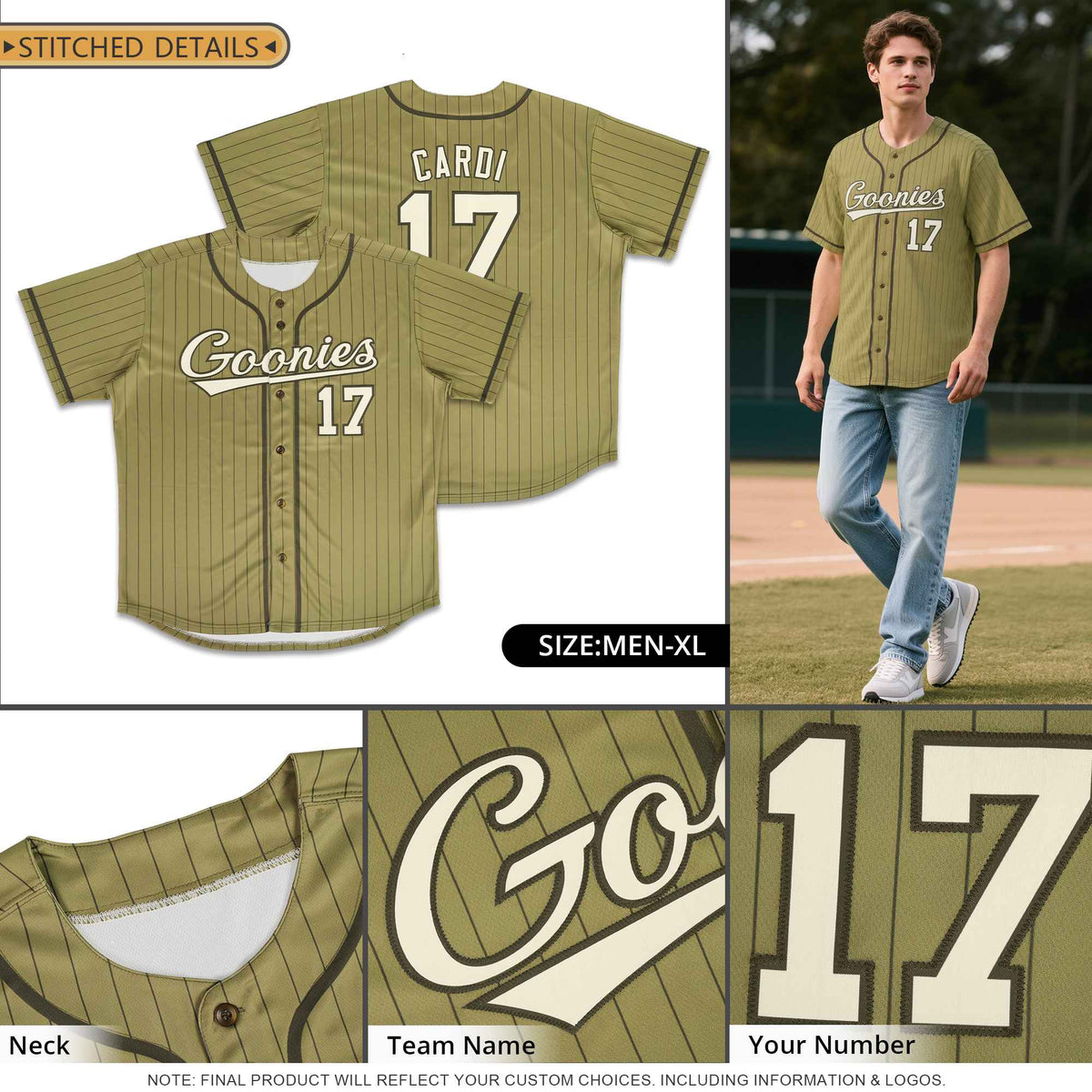 Custom Desert Yellow Olive Stripe Fashion Design Full Button Authentic Baseball Jersey