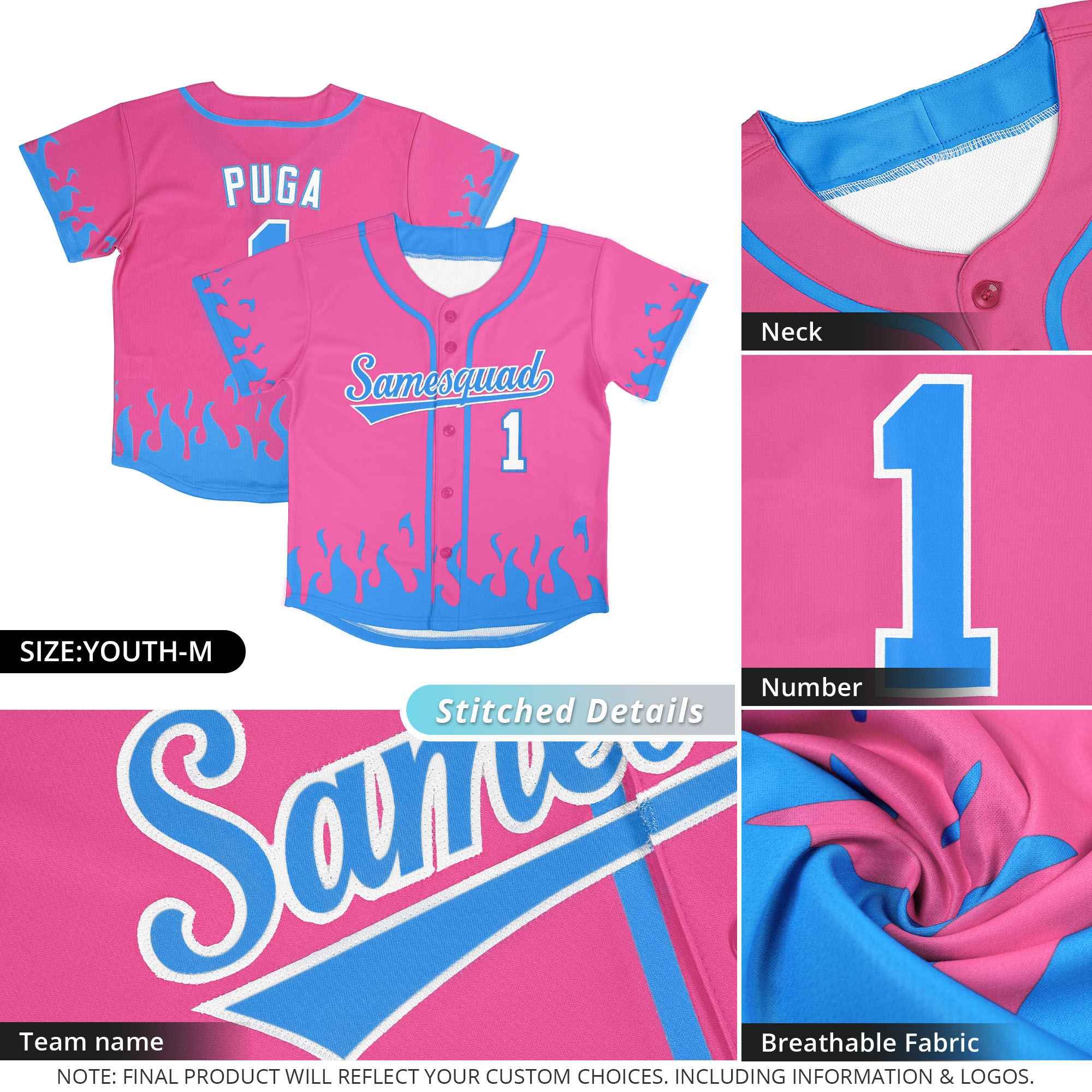 Custom Powder Blue Gold Personalized Flame Graffiti Pattern Authentic Baseball Jersey