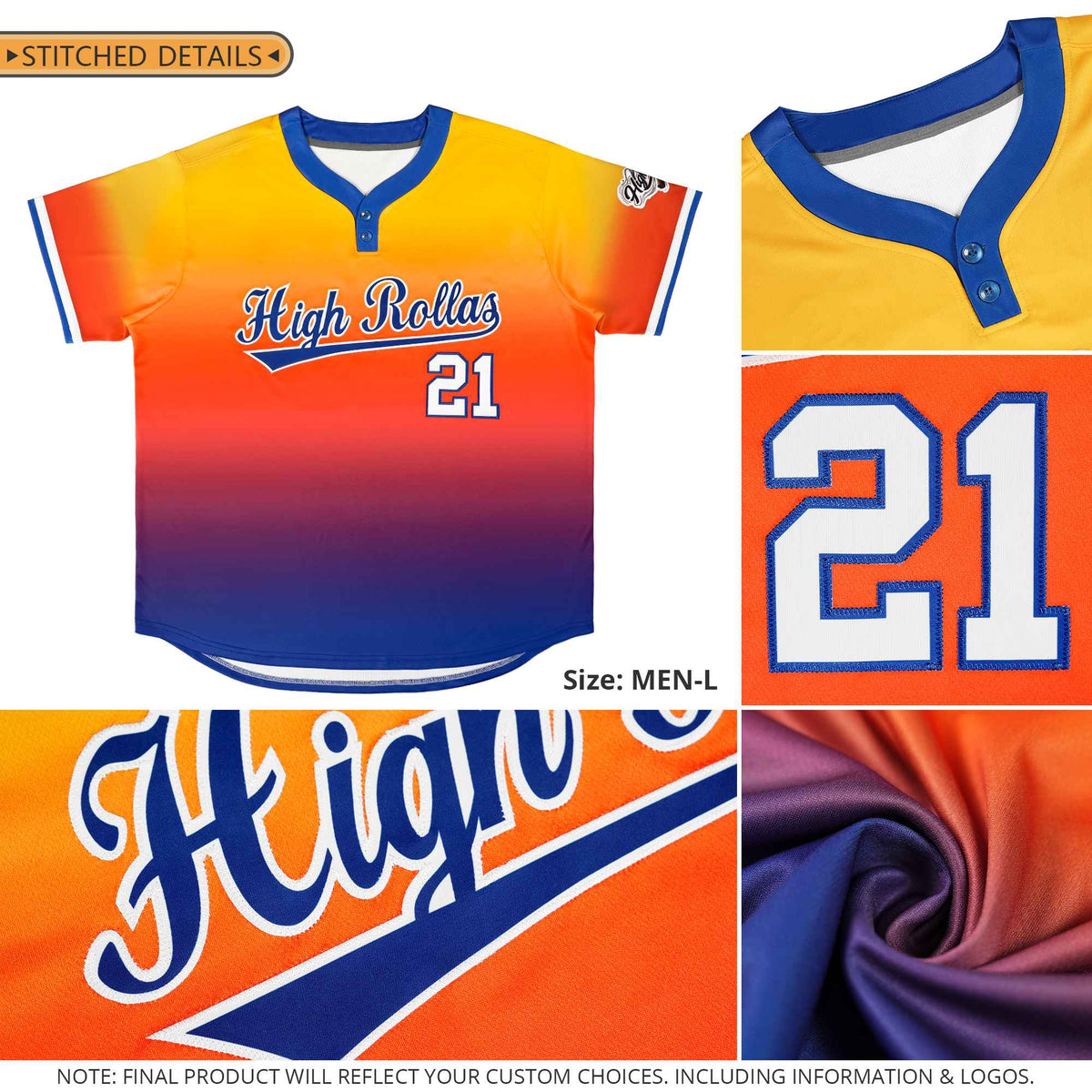 Custom Gold Orange Royal-White Gradient Fashion Authentic Two-Button Softball Jersey