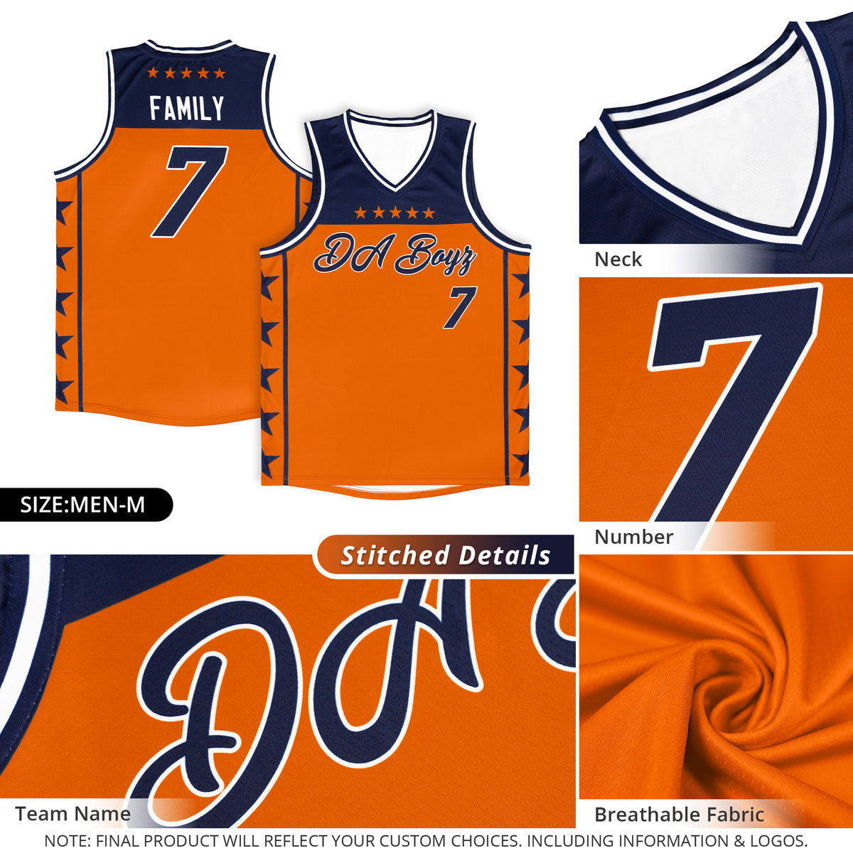Custom Orange Navy Color Block Sets Sports Uniform Basketball Jersey