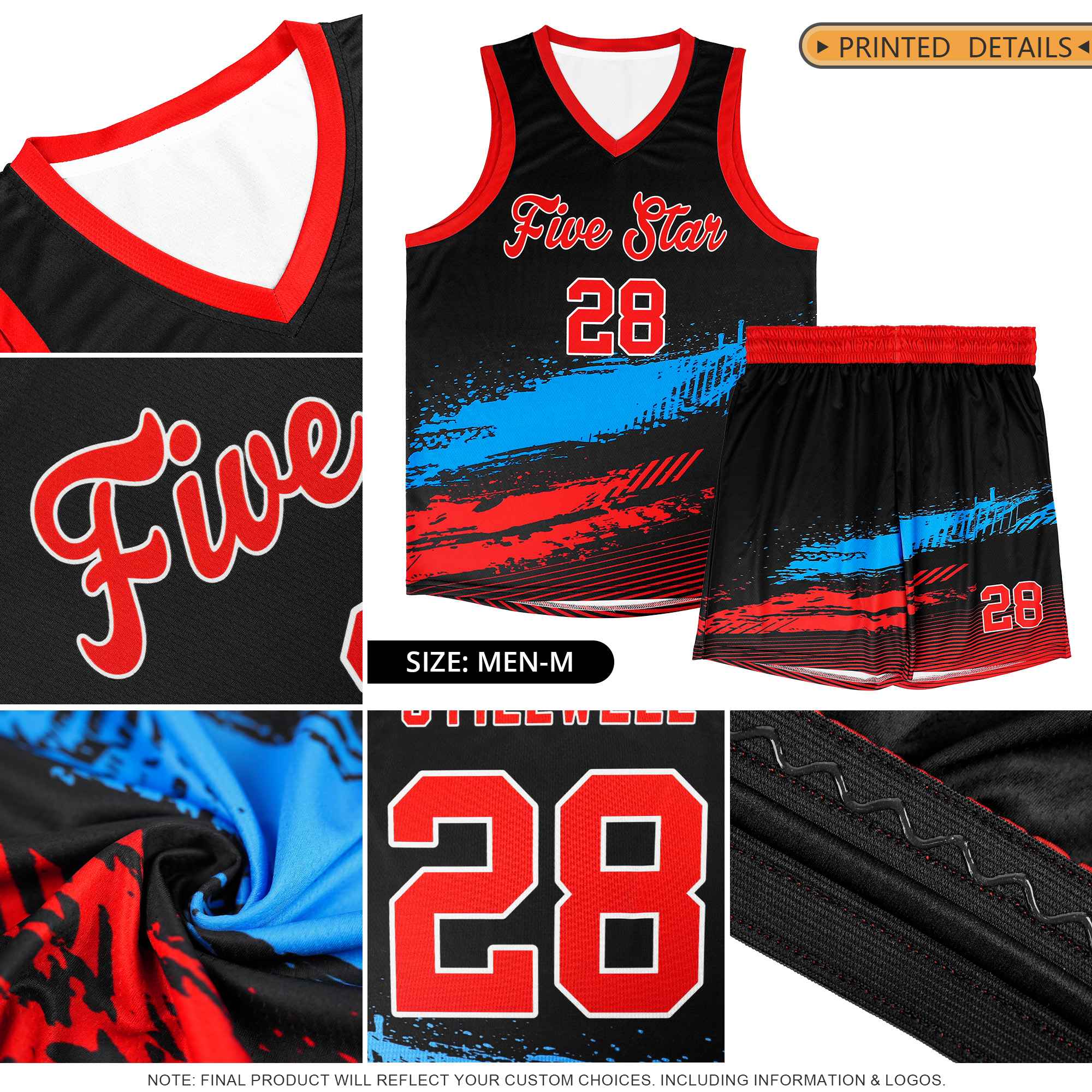 Custom Powder Blue Navy and Red Graffiti Pattern Sports Uniform Basketball Jersey