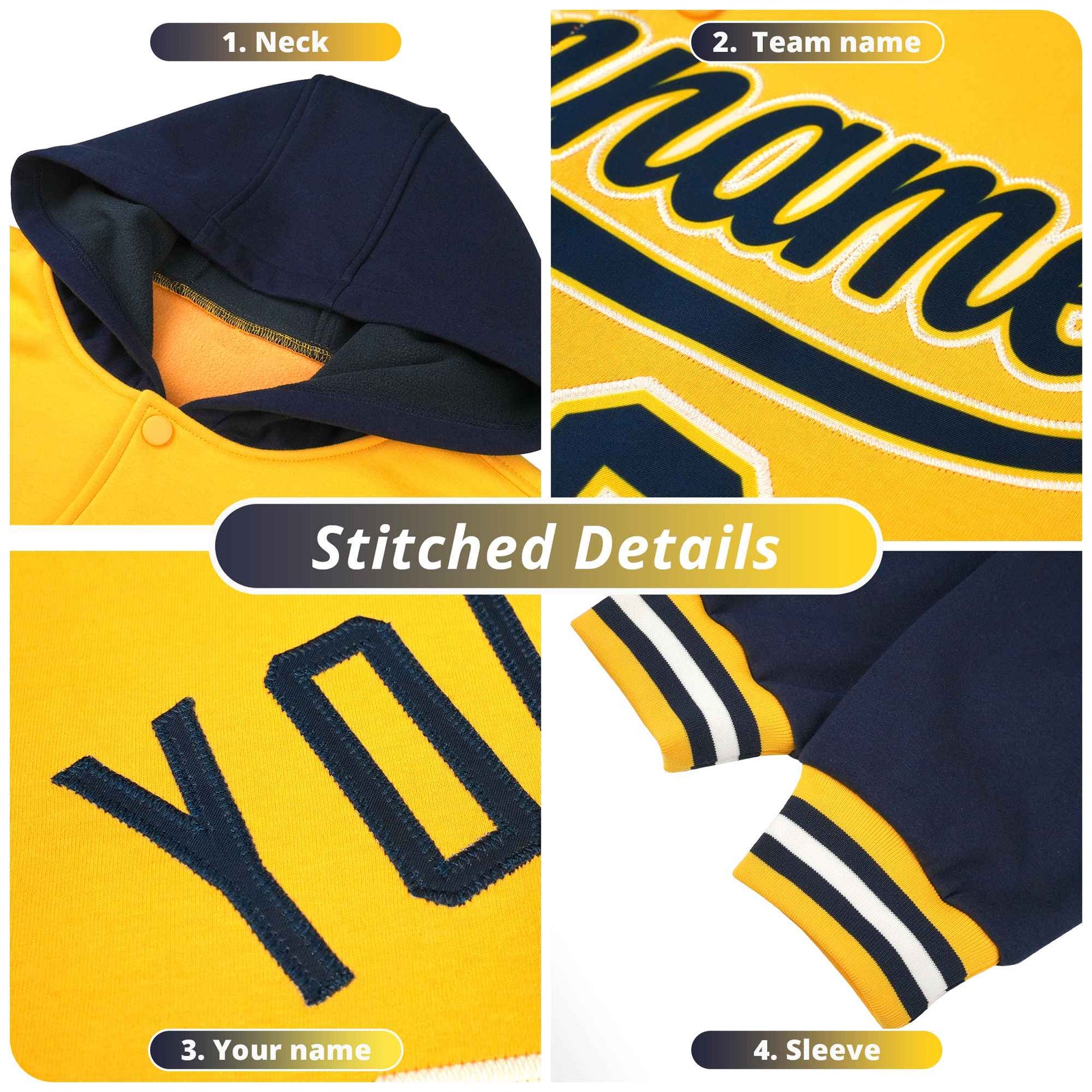 Custom Gold White Raglan Sleeves Varsity Full-Snap Letterman Two Tone Hoodie Jacket