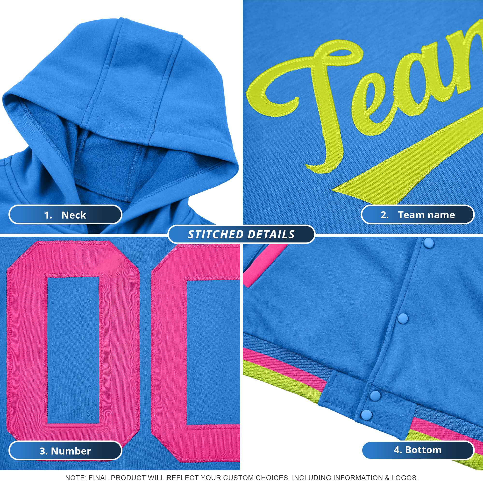 Custom Purple Pink Varsity Full-Snap Letterman Shoulder Color Block Hoodie Jacket