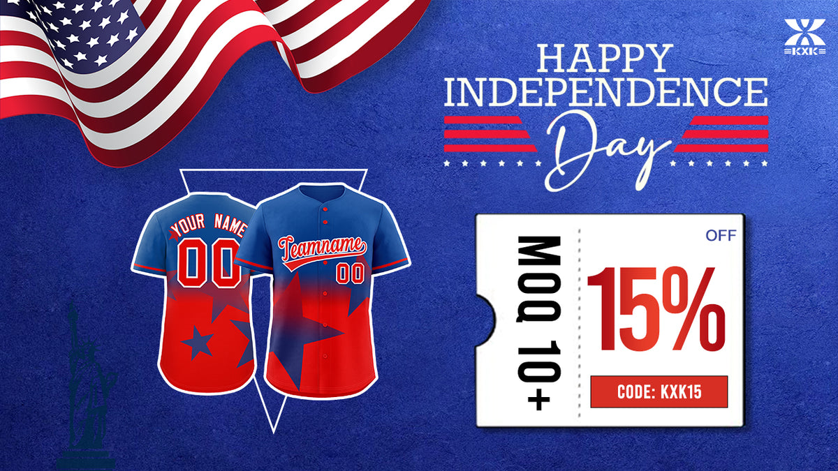 A patriotic Independence Day promotional banner featuring custom red and blue baseball jerseys, an American flag background, and a $10 discount offer.