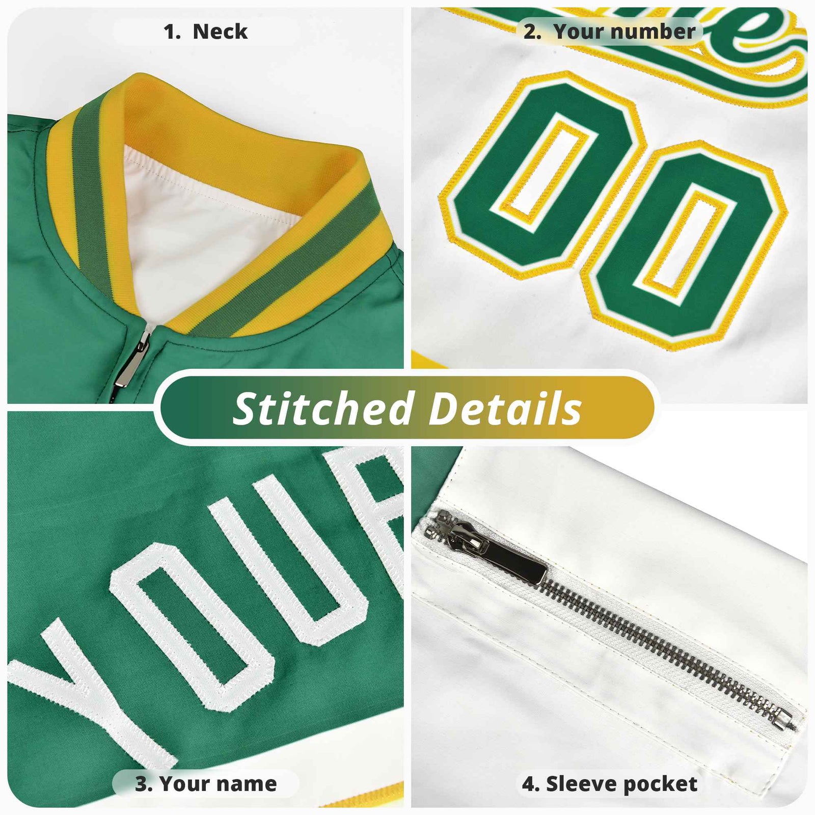 Custom Gold White-Purple Varsity Full-Zip Color Block Letterman Bomber Jacket