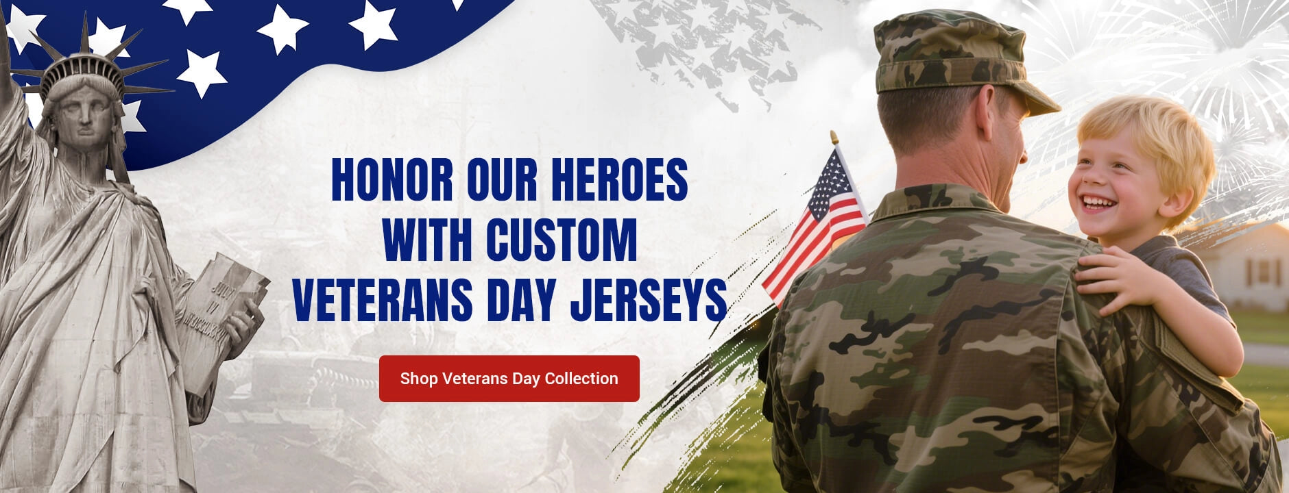 Veterans Day banner: honor our heroes with custom patriotic jerseys, featuring U.S military family and American flag