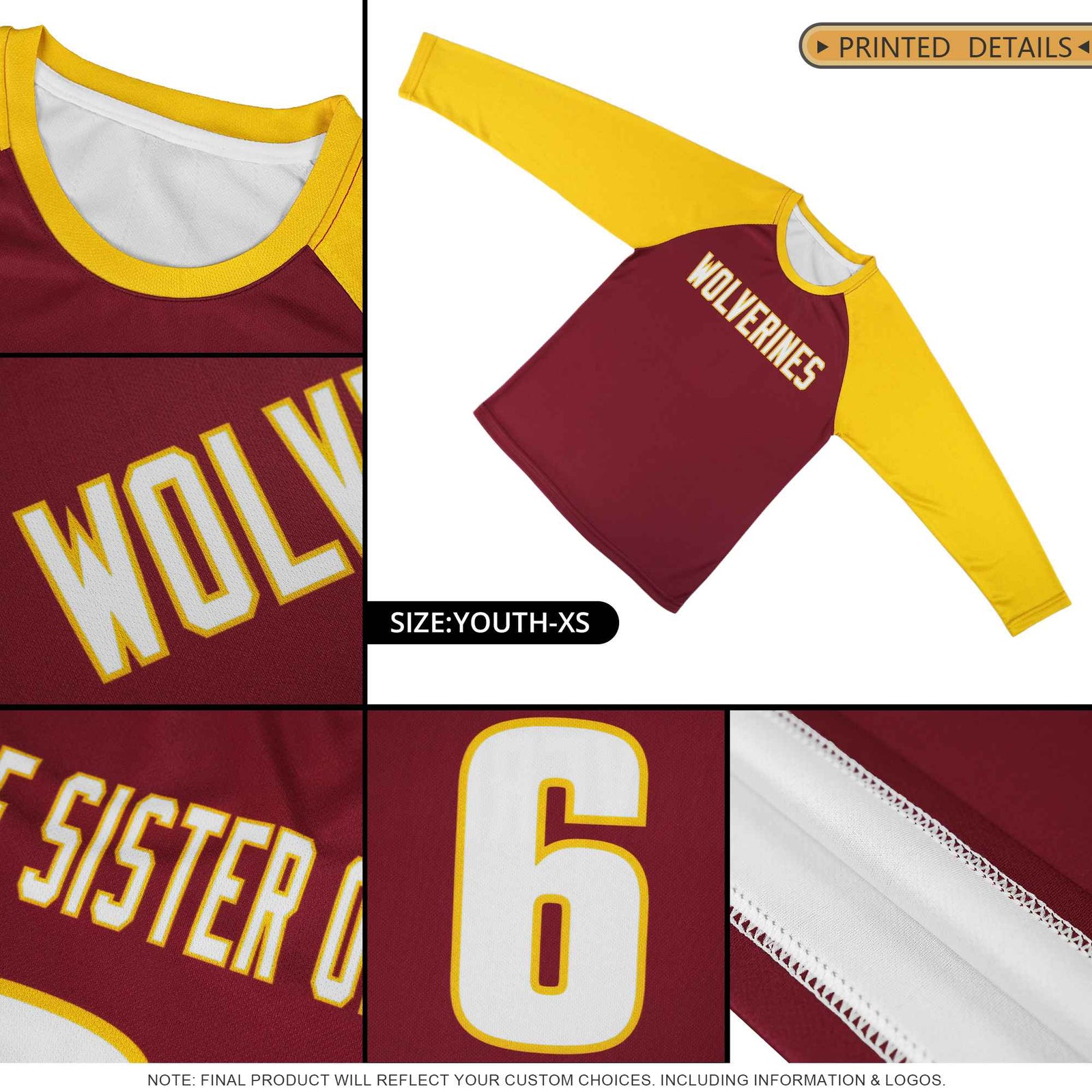 Custom Crimson Gold Crew Neck Split Design Long Sleeve Performance T-Shirt