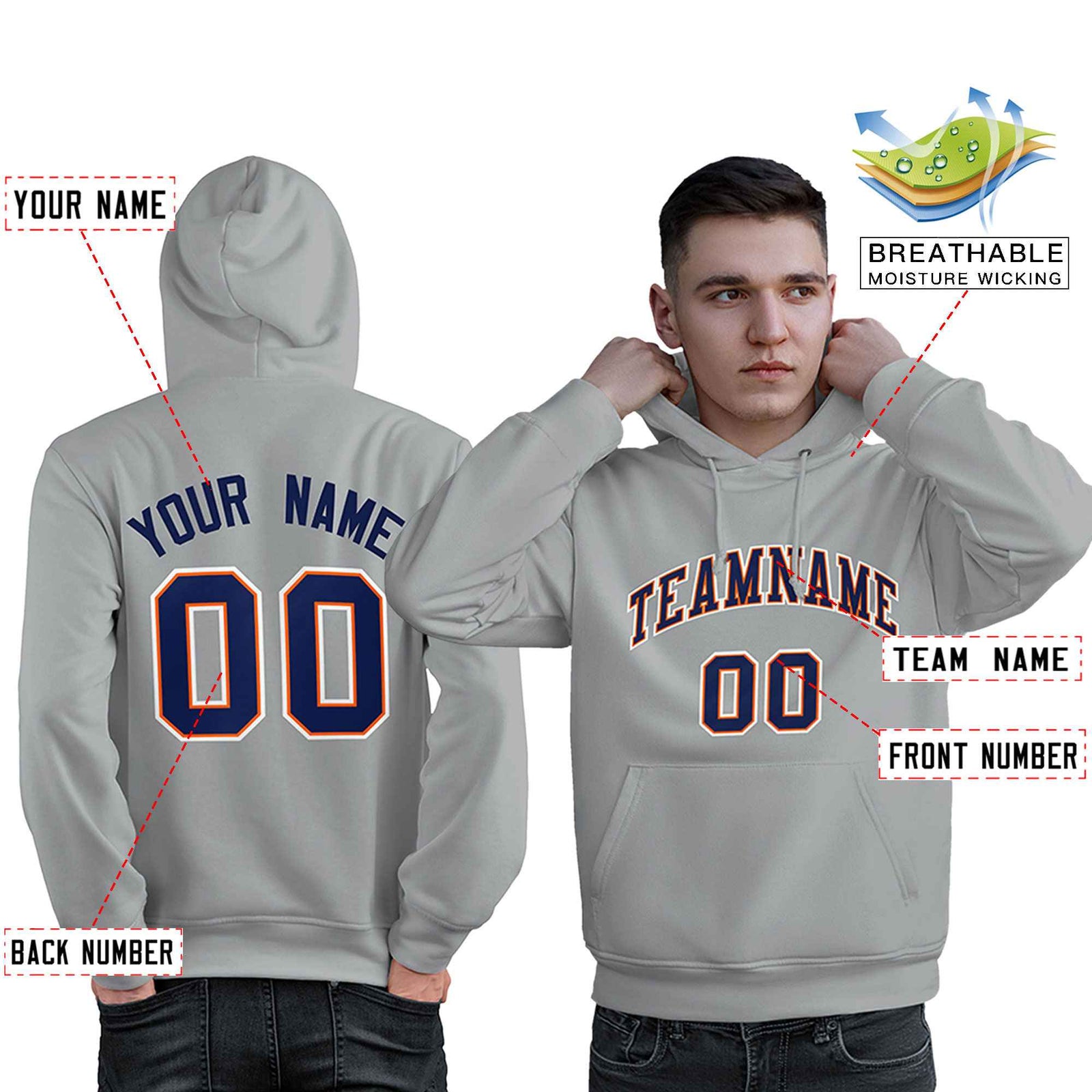 Custom Gray Royal-Orange Classic Style Personalized Sport Pullover Hoodie