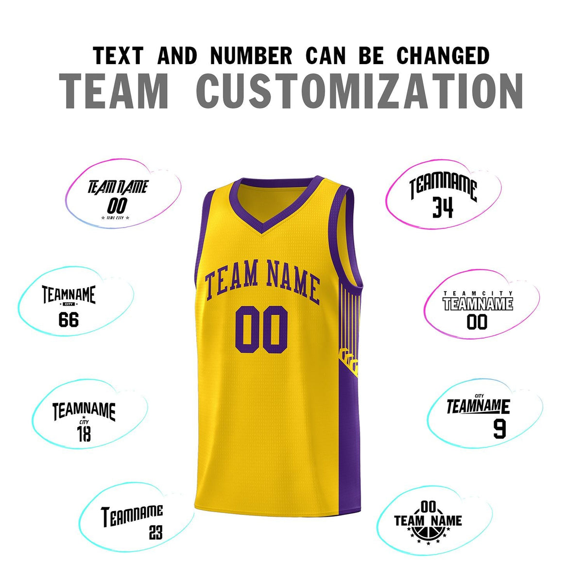 Custom Gold Purple Side Stripe Fashion Sports Uniform Basketball Jersey
