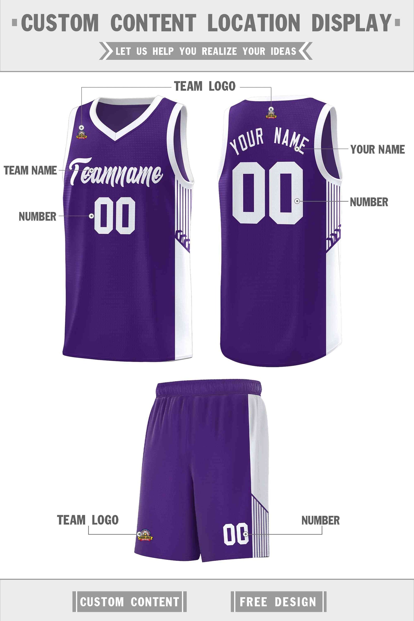 Custom Purple White Side Stripe Fashion Sports Uniform Basketball Jersey
