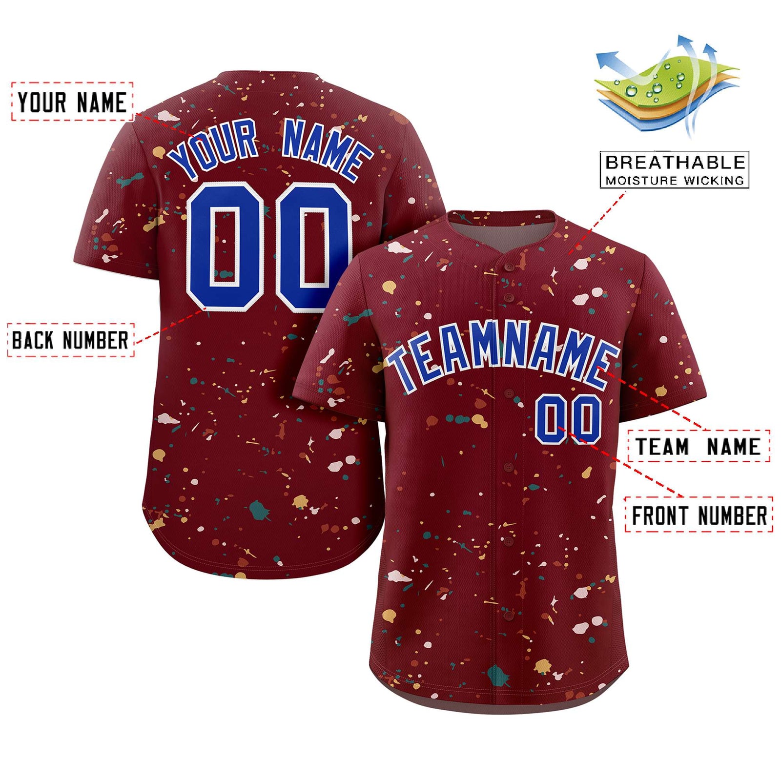 Custom Crimson Royal-White Splash Graffiti Pattern Authentic Baseball Jersey