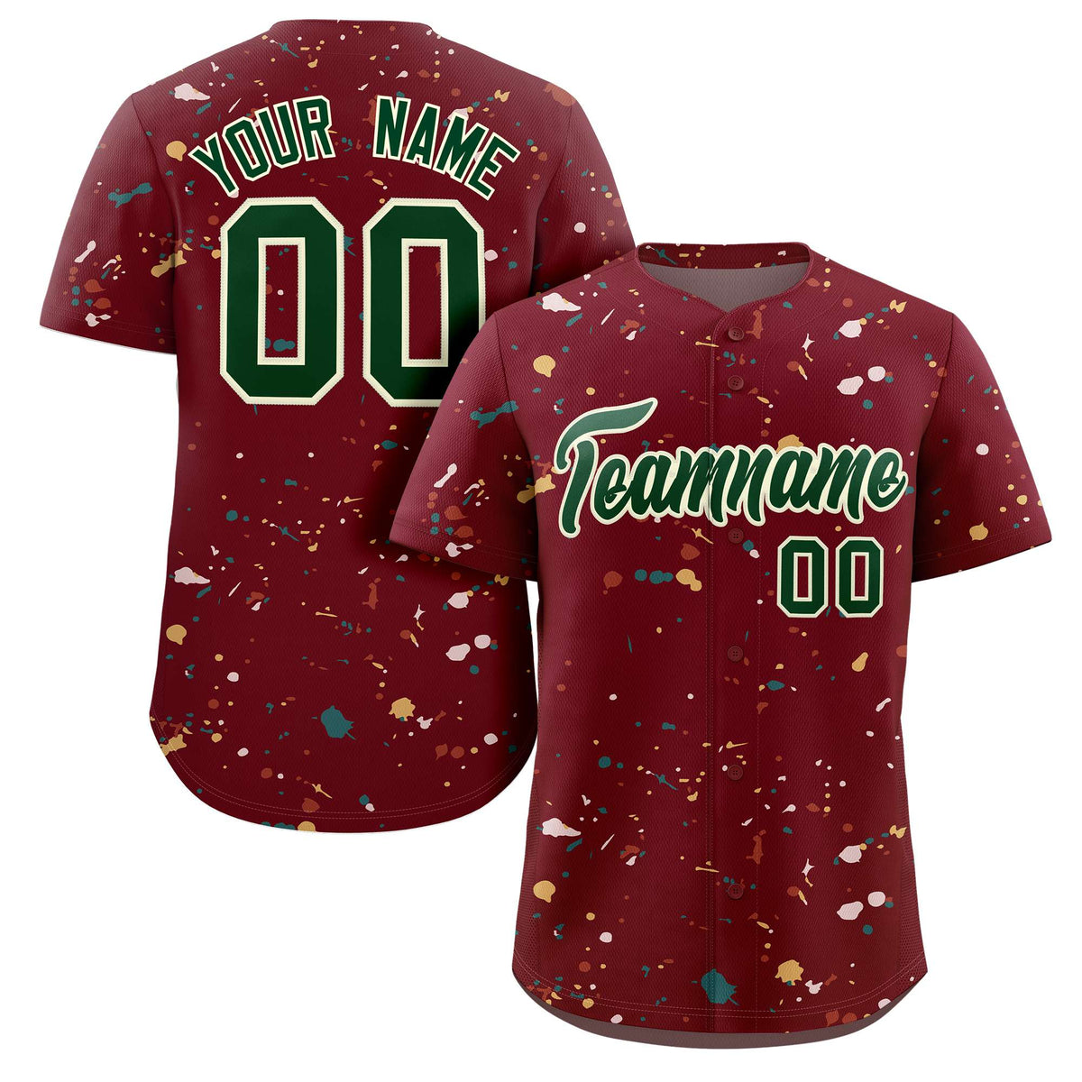 Custom Crimson Green-Cream Splash Graffiti Pattern Authentic Baseball Jersey