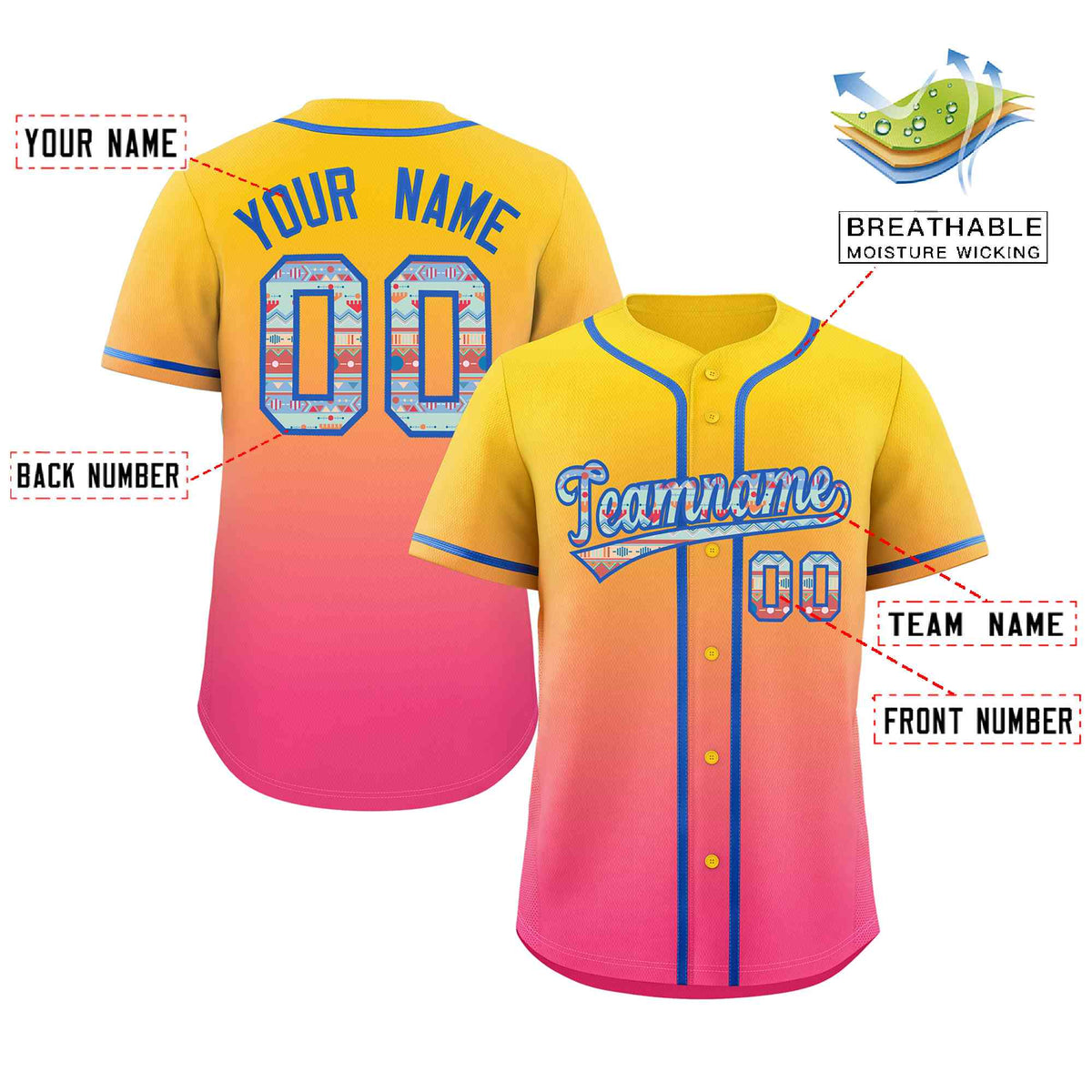 Custom Gradient Fashion Baseball Jersey Personalized Ethnic Pattern Name Number for Men Women Youth
