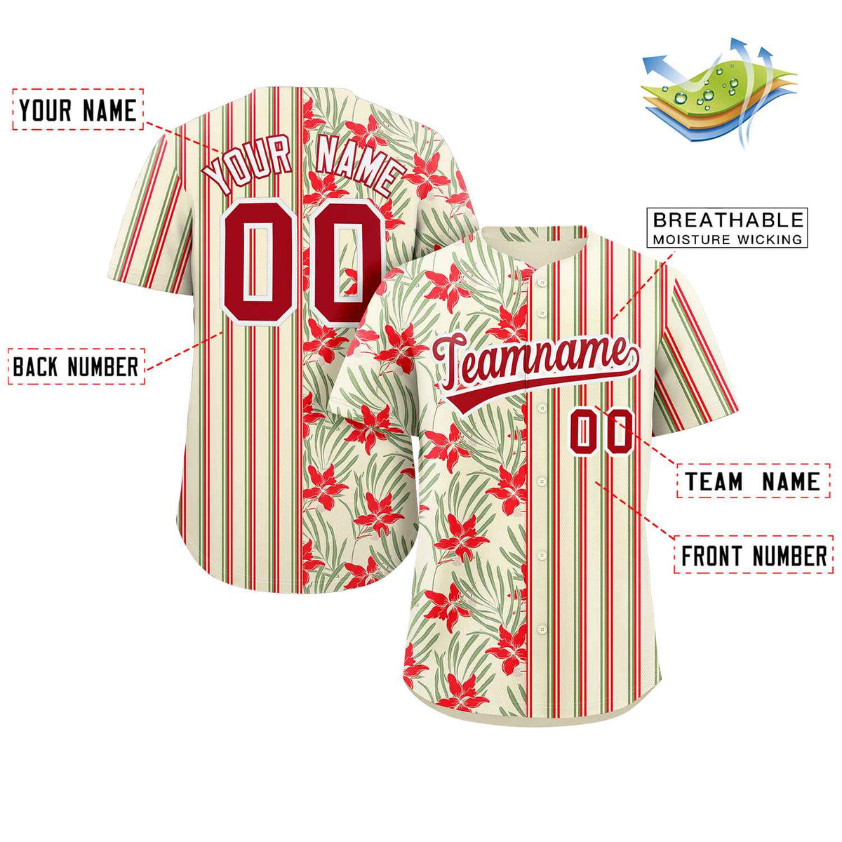 Custom Khaki Red-Green Hawaii Tropical Flower Stripe Fashion Baseball Jersey