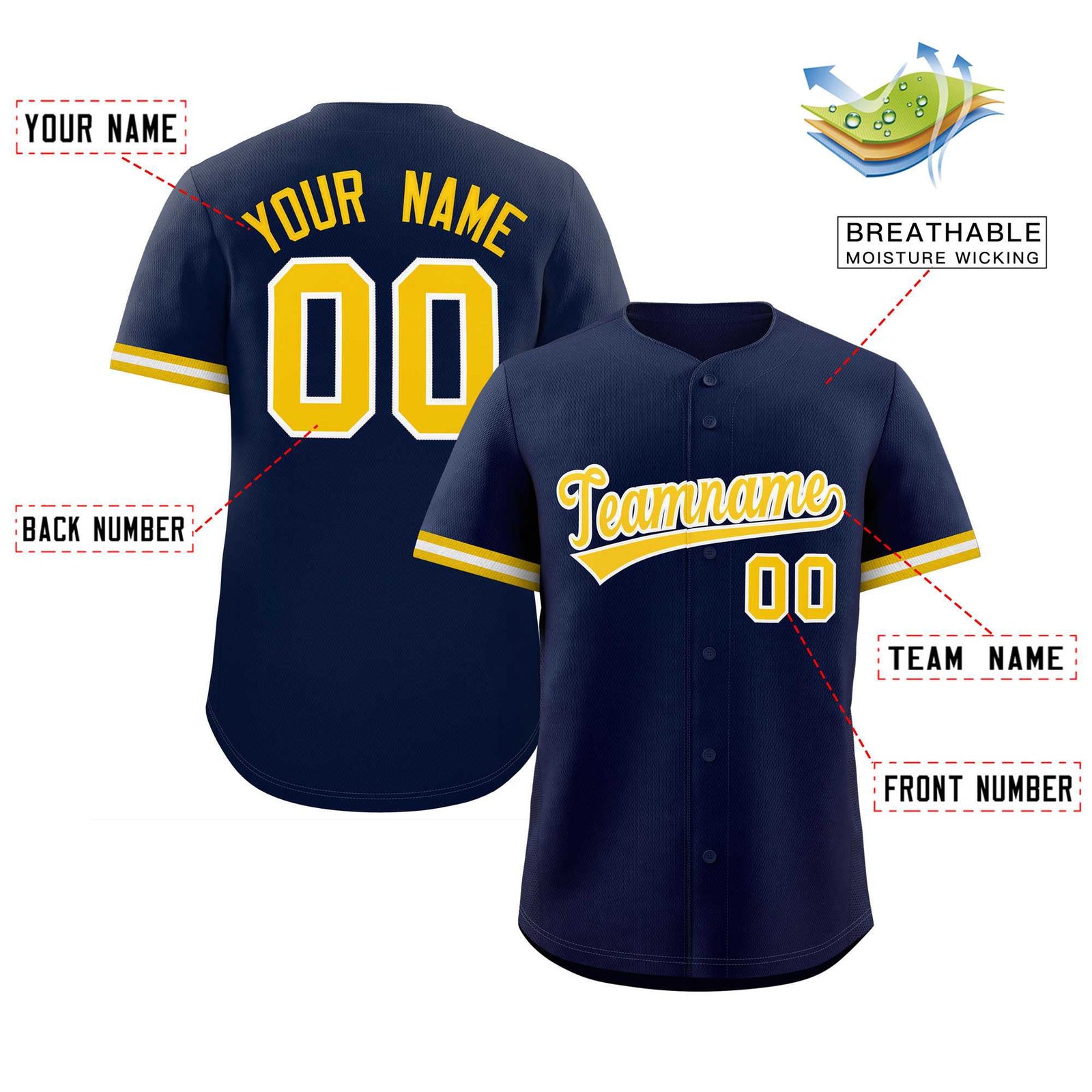 Custom Navy Gold Full Button Design Authentic Baseball Jersey