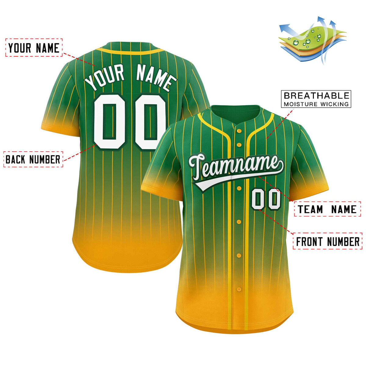 Custom Kelly Green Yellow-White Gradient Stripe Fashion Authentic Baseball Jersey