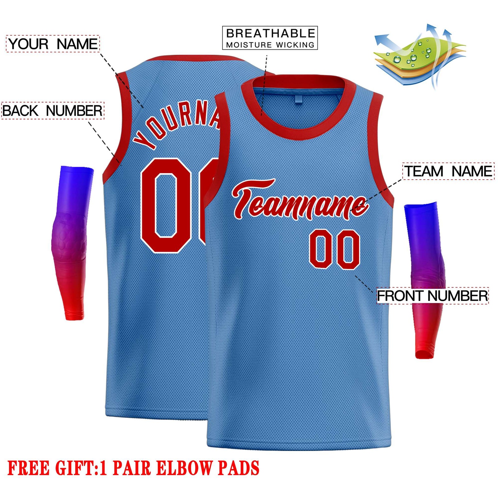 Custom Light Blue Red-White Classic Tops Casual Basketball Jersey