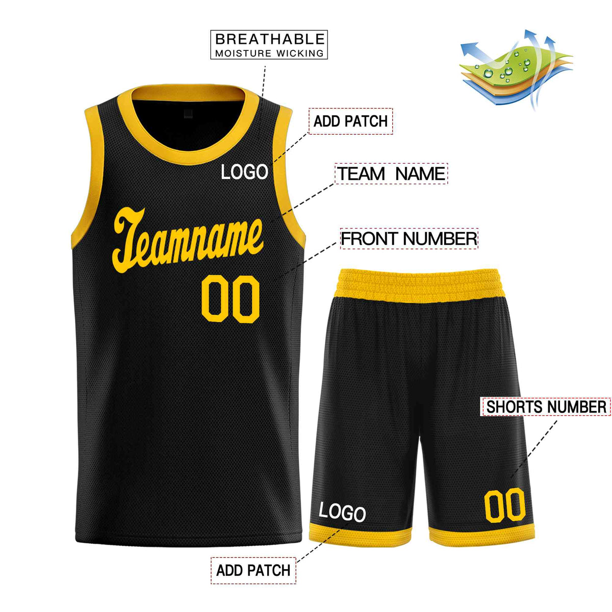 Custom Black Yellow Classic Sets Sports Uniform Basketball Jersey