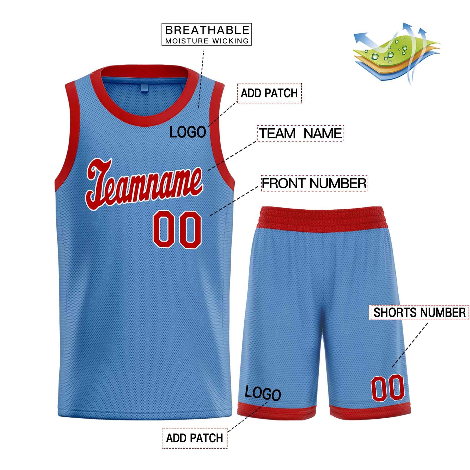 Custom Light Blue Red-White Classic Sets Sports Uniform Basketball Jersey