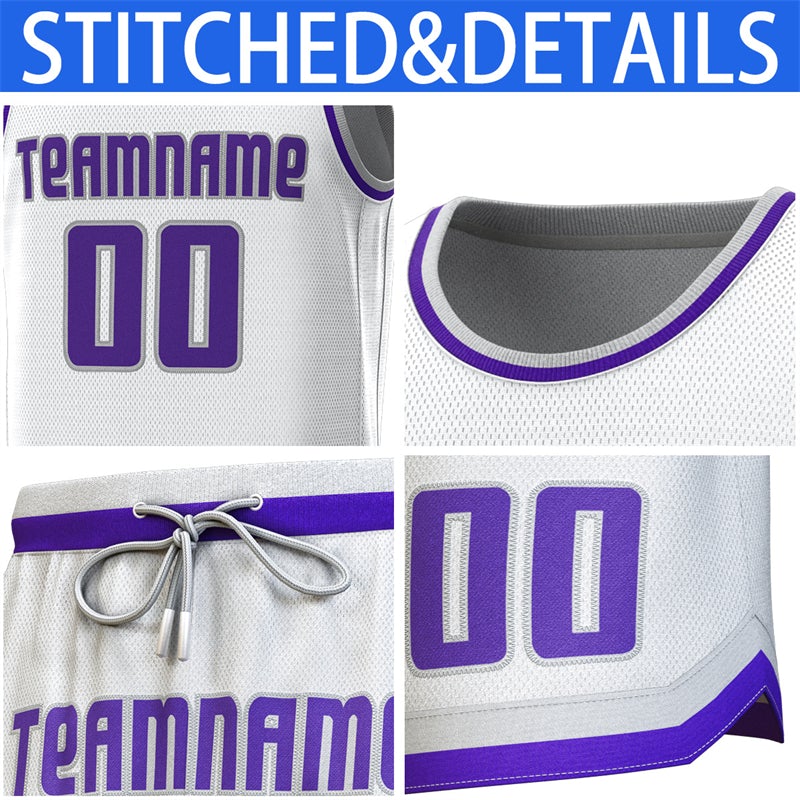 Custom White Gray-Purple Classic Sets Basketball Jersey