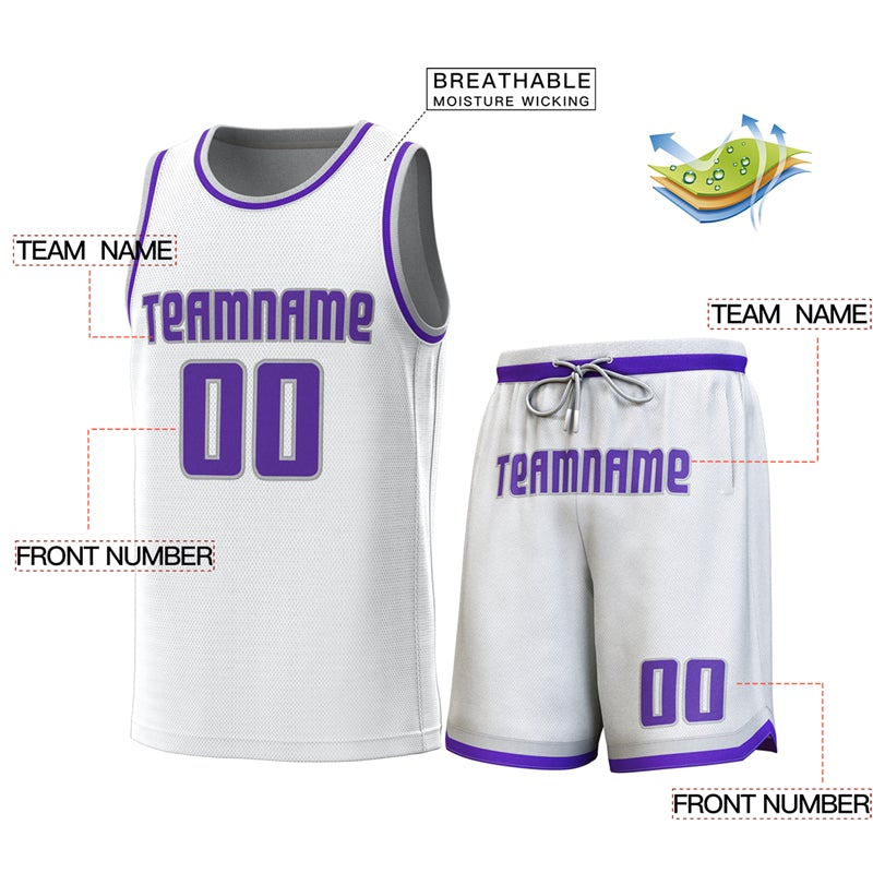 Custom White Gray-Purple Classic Sets Basketball Jersey