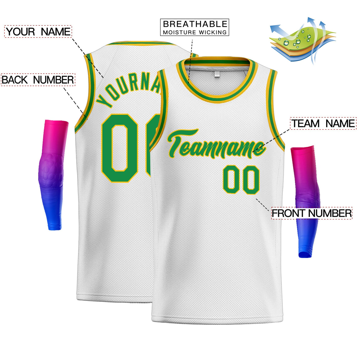 Custom White Kelly Green-Gold Classic Tops Authentic Basketball Jersey