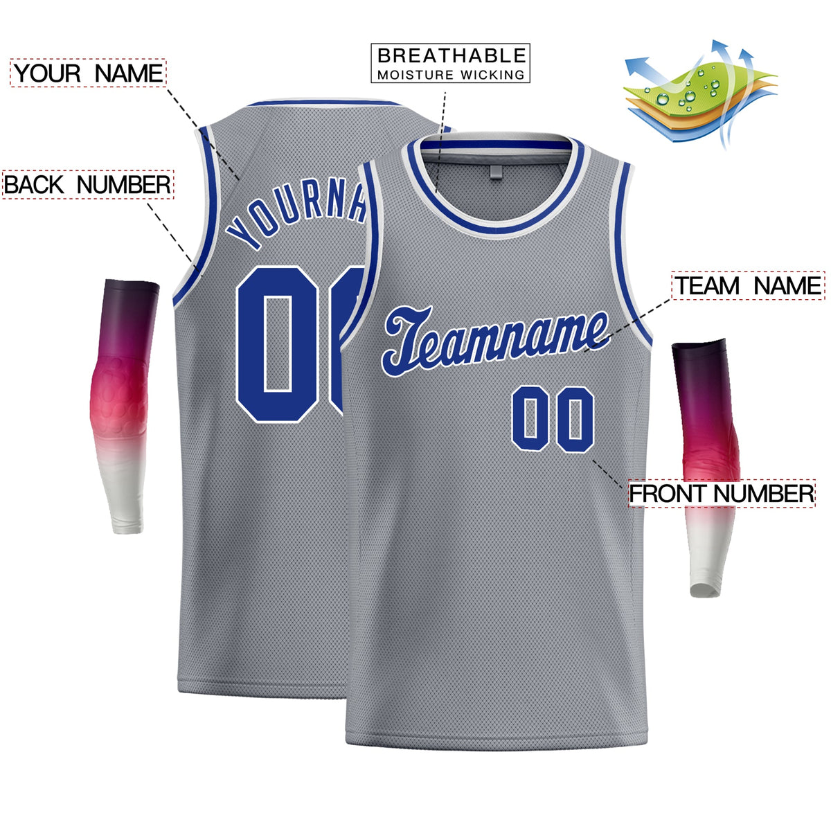 Custom Gray Royal-White Classic Tops Athletic Basketball Jersey
