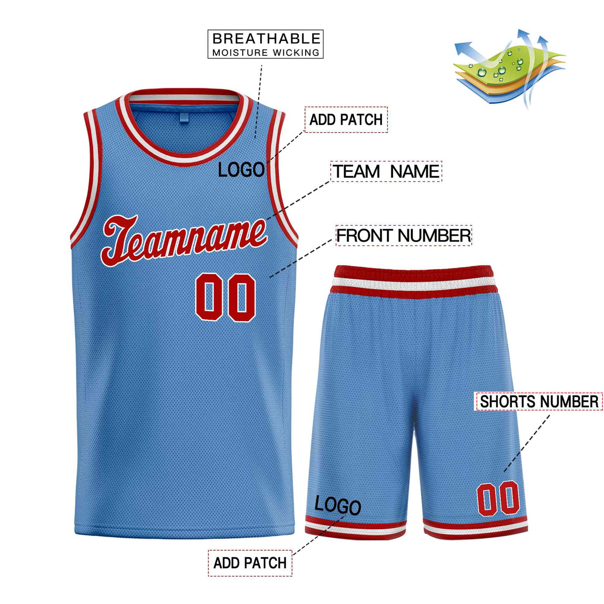 Custom Light Blue Red-White Classic Sets Sports Uniform Basketball Jersey
