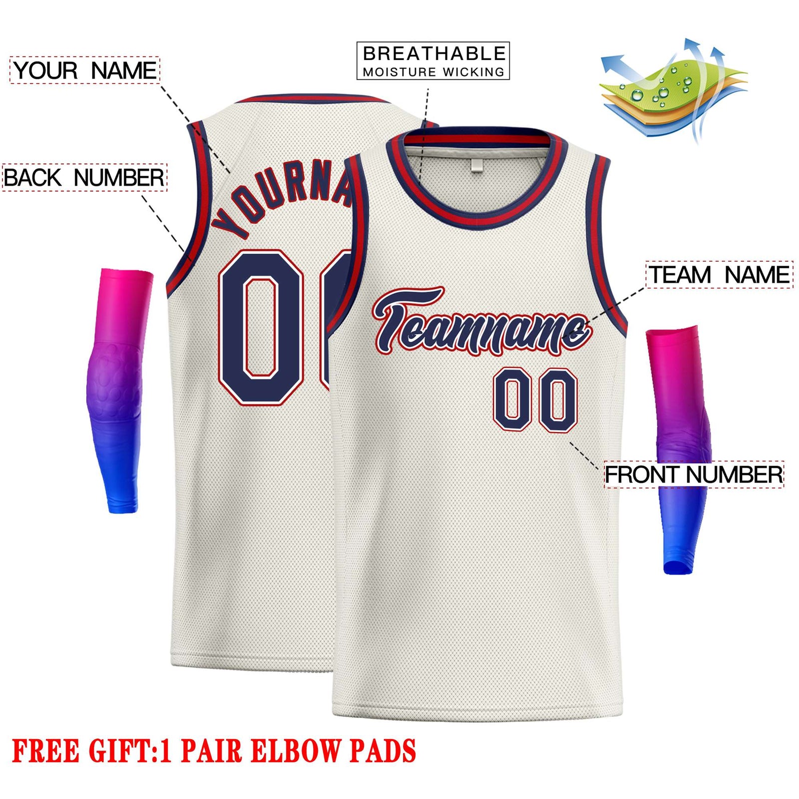 Custom Cream Navy-Red Classic Tops Casual Basketball Jersey