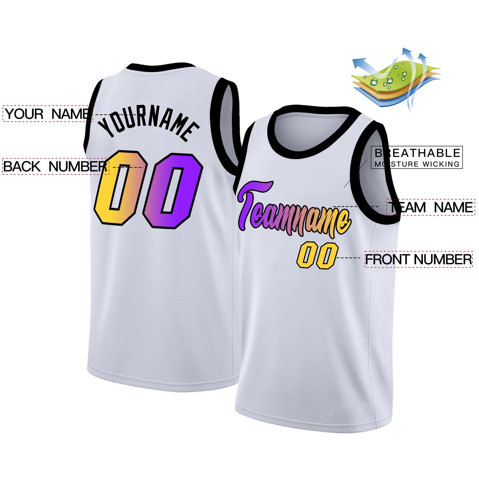 Custom White Yellow Purple Gradient Fashion Tops Basketball Jersey