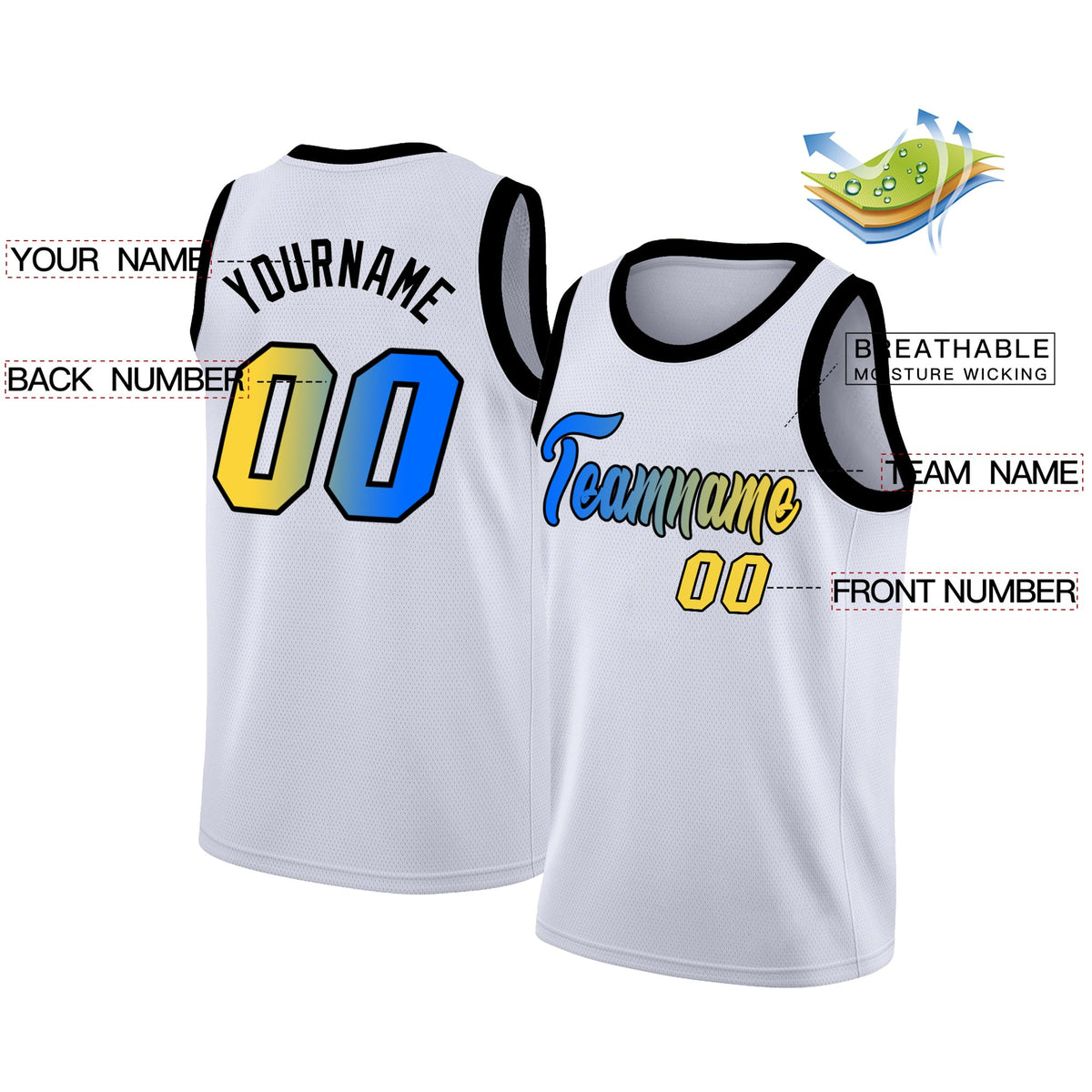 Custom White Blue-Yellow Black Gradient Fashion Tops Basketball Jersey