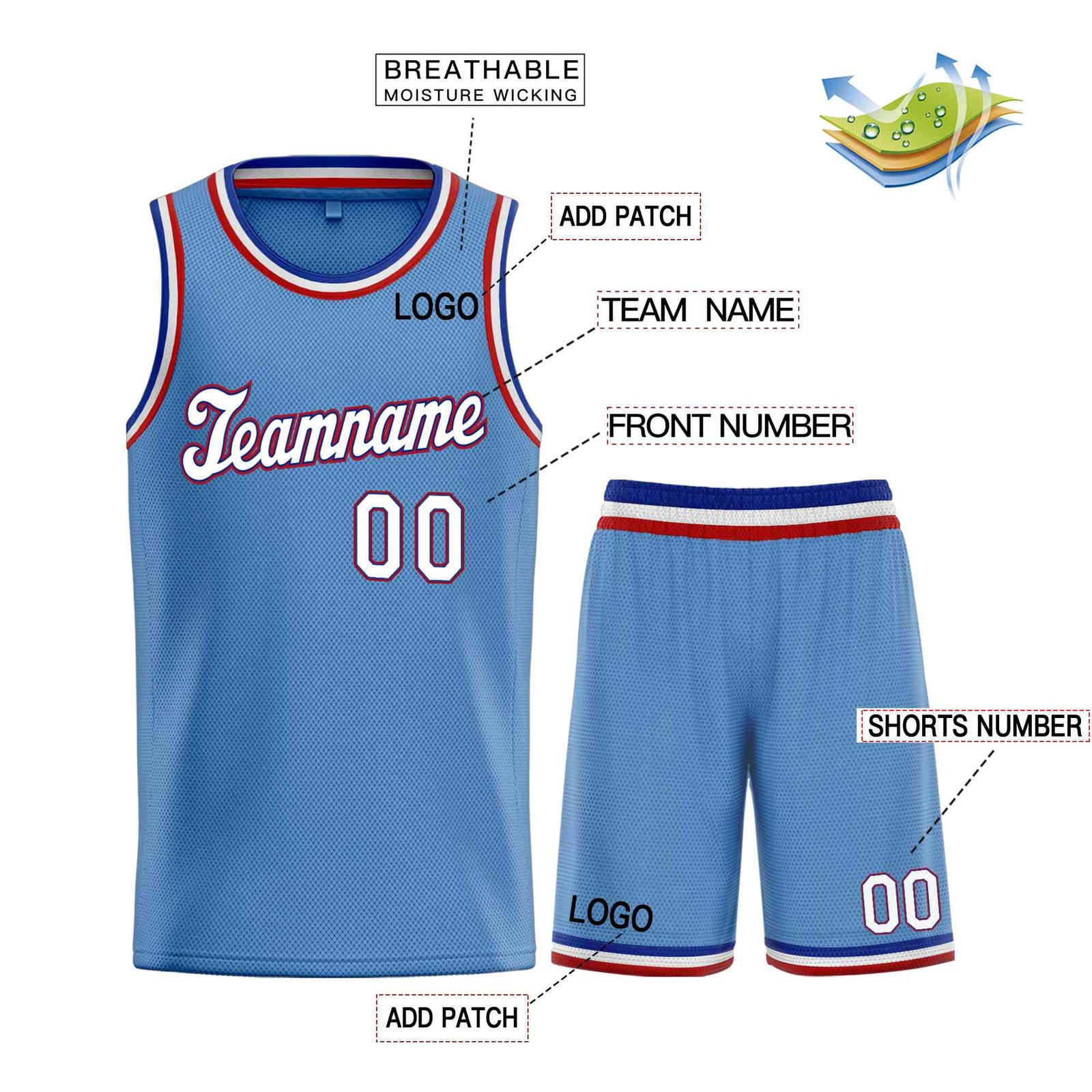 Custom Light Blue White-Red Classic Sets Sports Uniform Basketball Jersey
