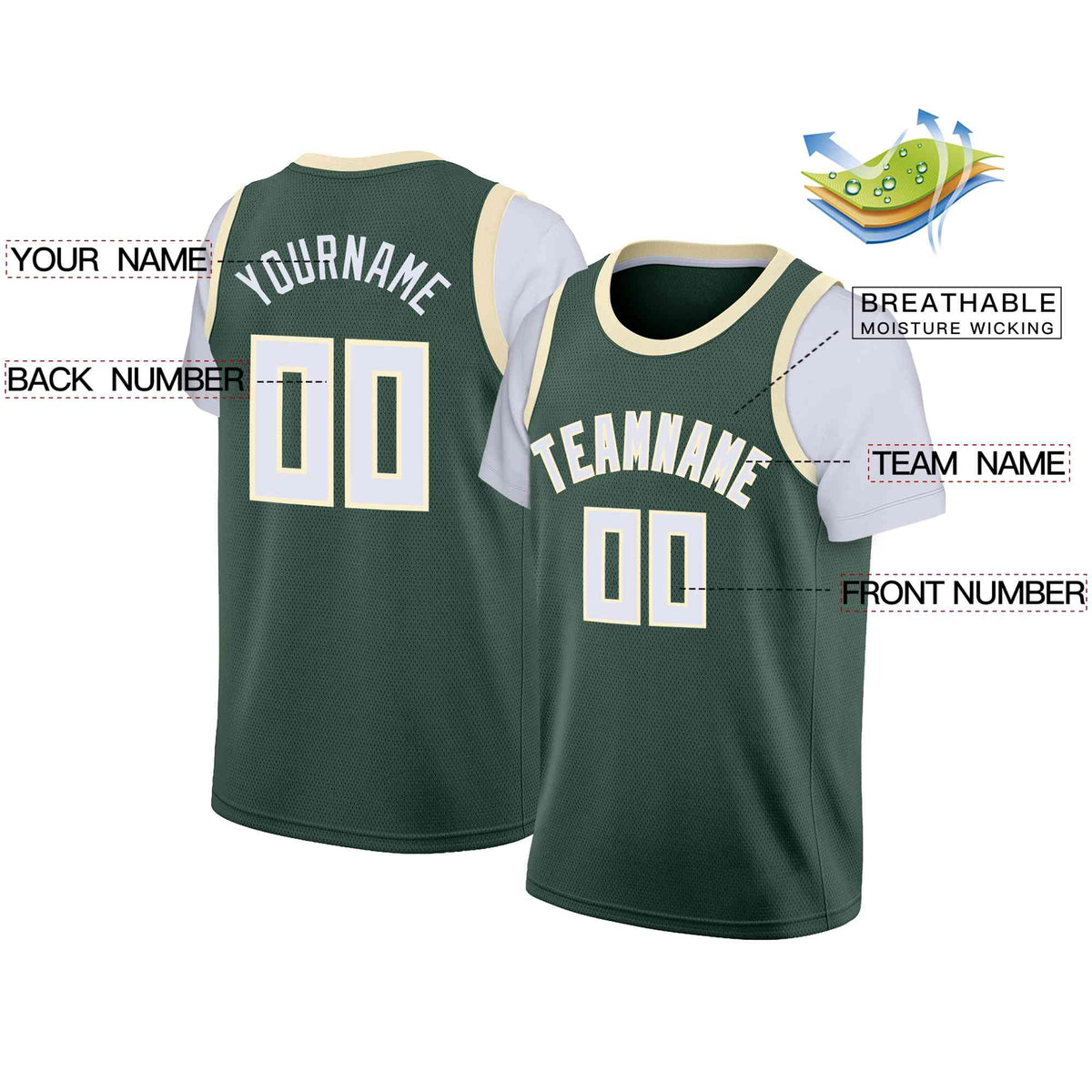 Custom Hunter Green White-Cream Classic Tops Casual Fake Sleeve Basketball Jersey