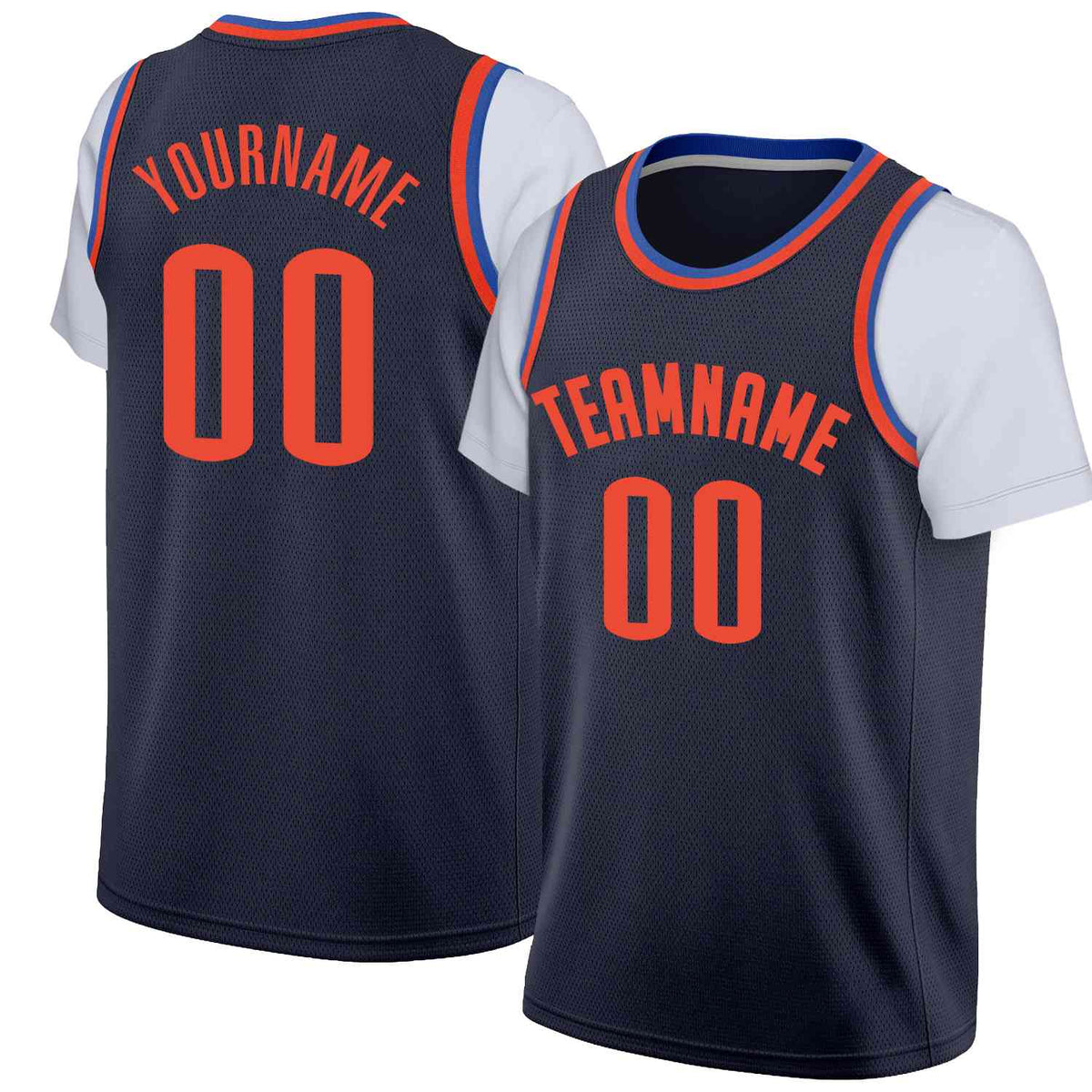 Custom Navy Orange Classic Tops Casual Fake Sleeve Basketball Jersey
